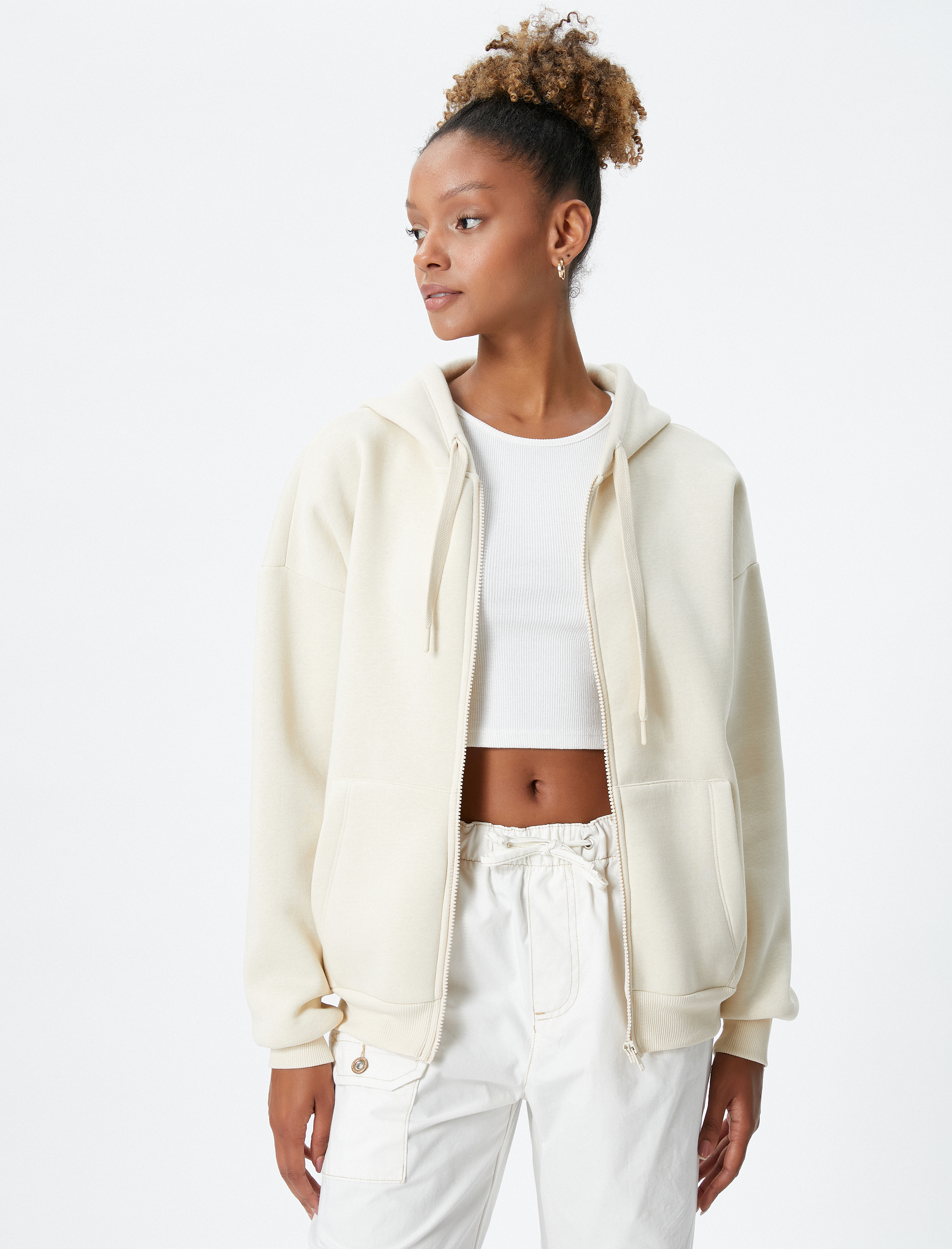   Şardonlu Oversize Fermuarlı Sweatshirt Kapüşonlu Kanguru Cepli