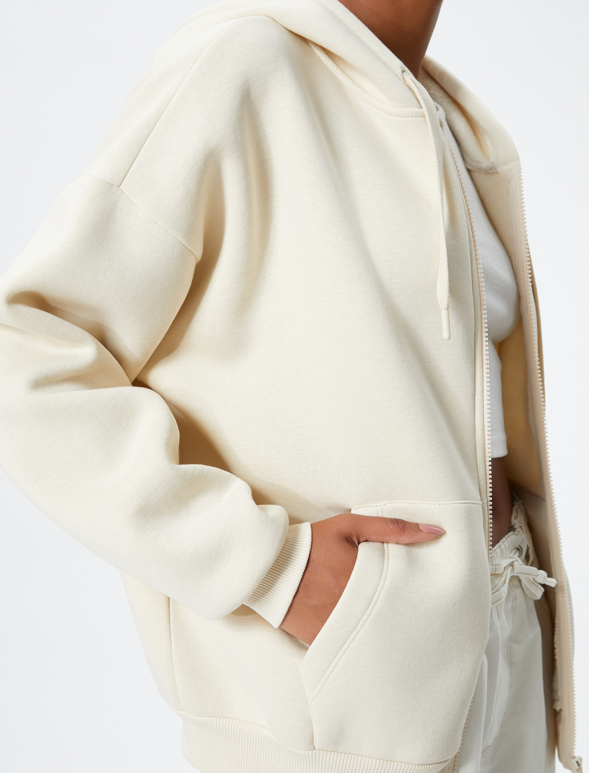   Şardonlu Oversize Fermuarlı Sweatshirt Kapüşonlu Kanguru Cepli