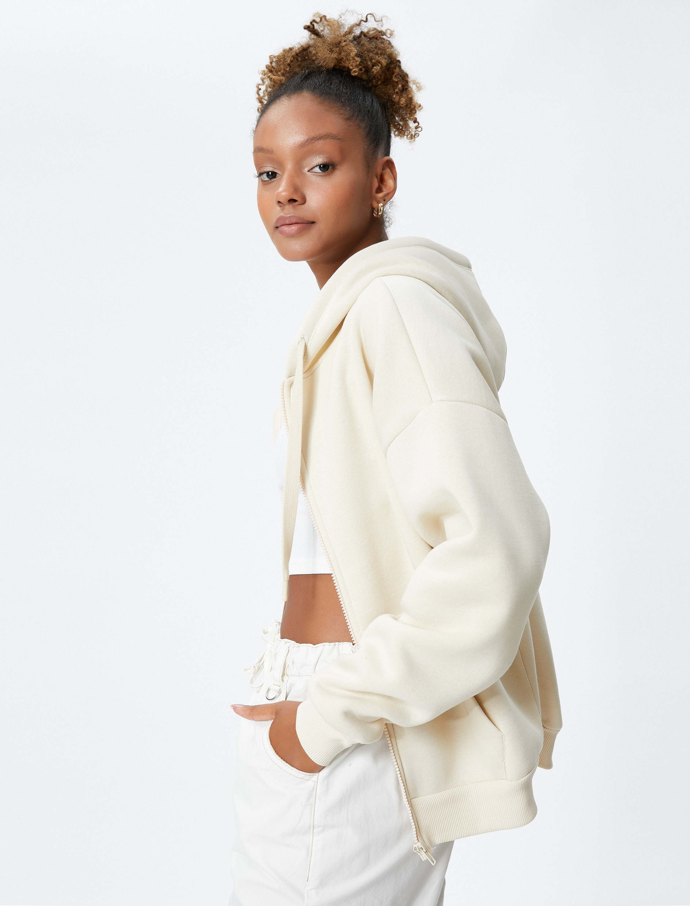   Şardonlu Oversize Fermuarlı Sweatshirt Kapüşonlu Kanguru Cepli