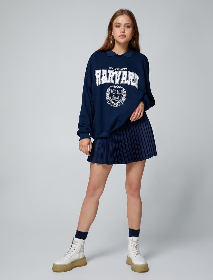  Oversize Sweatshirt Harvard Lisanslı Polo Yaka Baskılı
