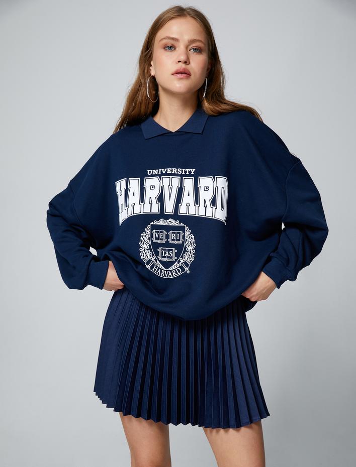  Oversize Sweatshirt Harvard Lisanslı Polo Yaka Baskılı