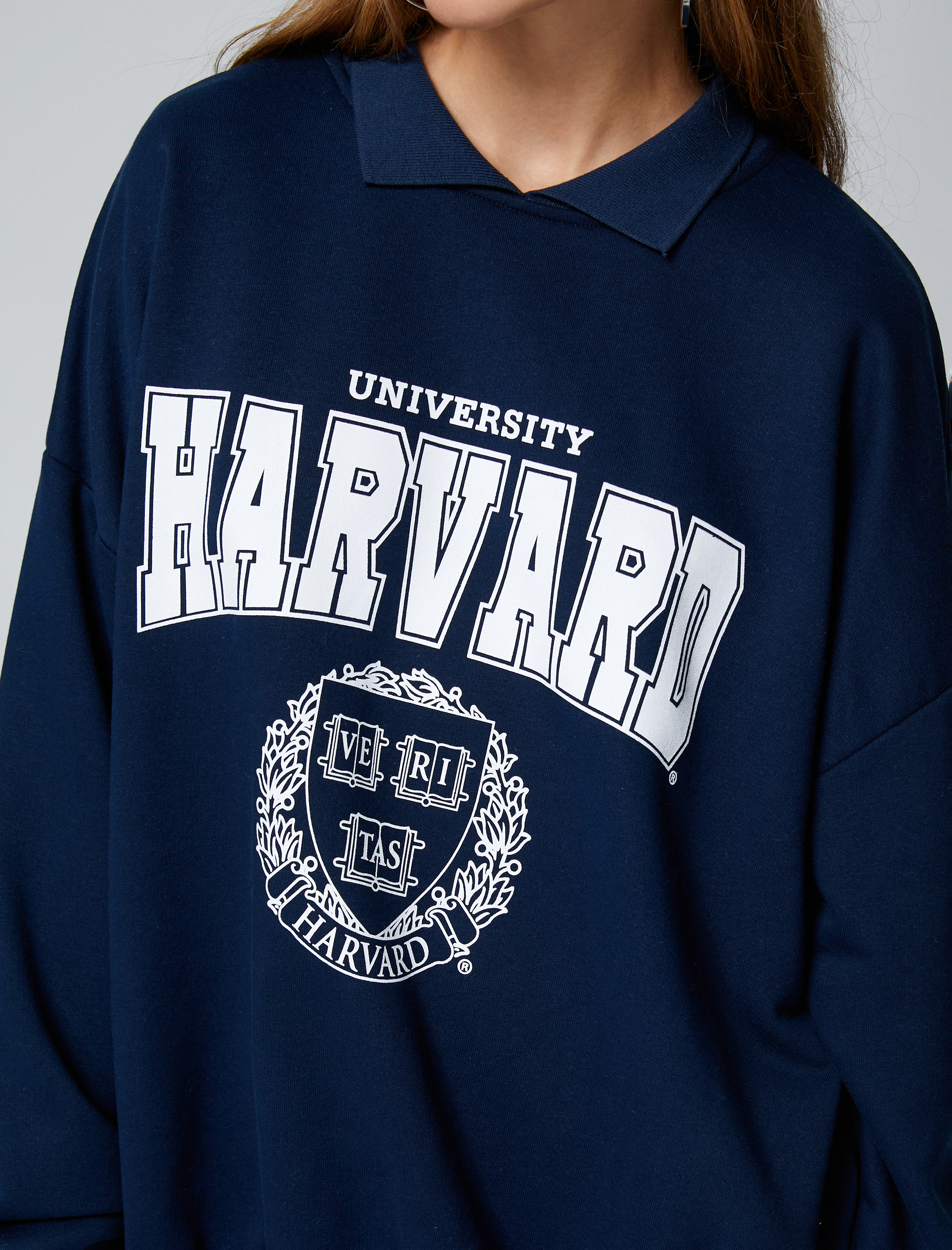   Oversize Sweatshirt Harvard Lisanslı Polo Yaka Baskılı