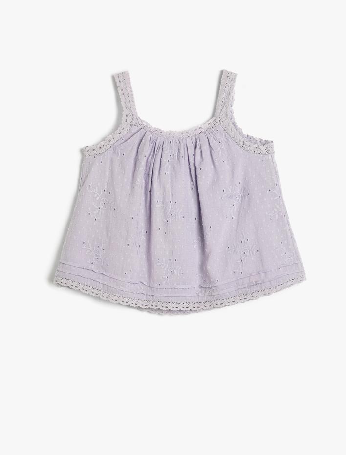 Kız Çocuk Askılı Bluz Çiçek Brodeli Düğmeli Pamuklu Astarlı