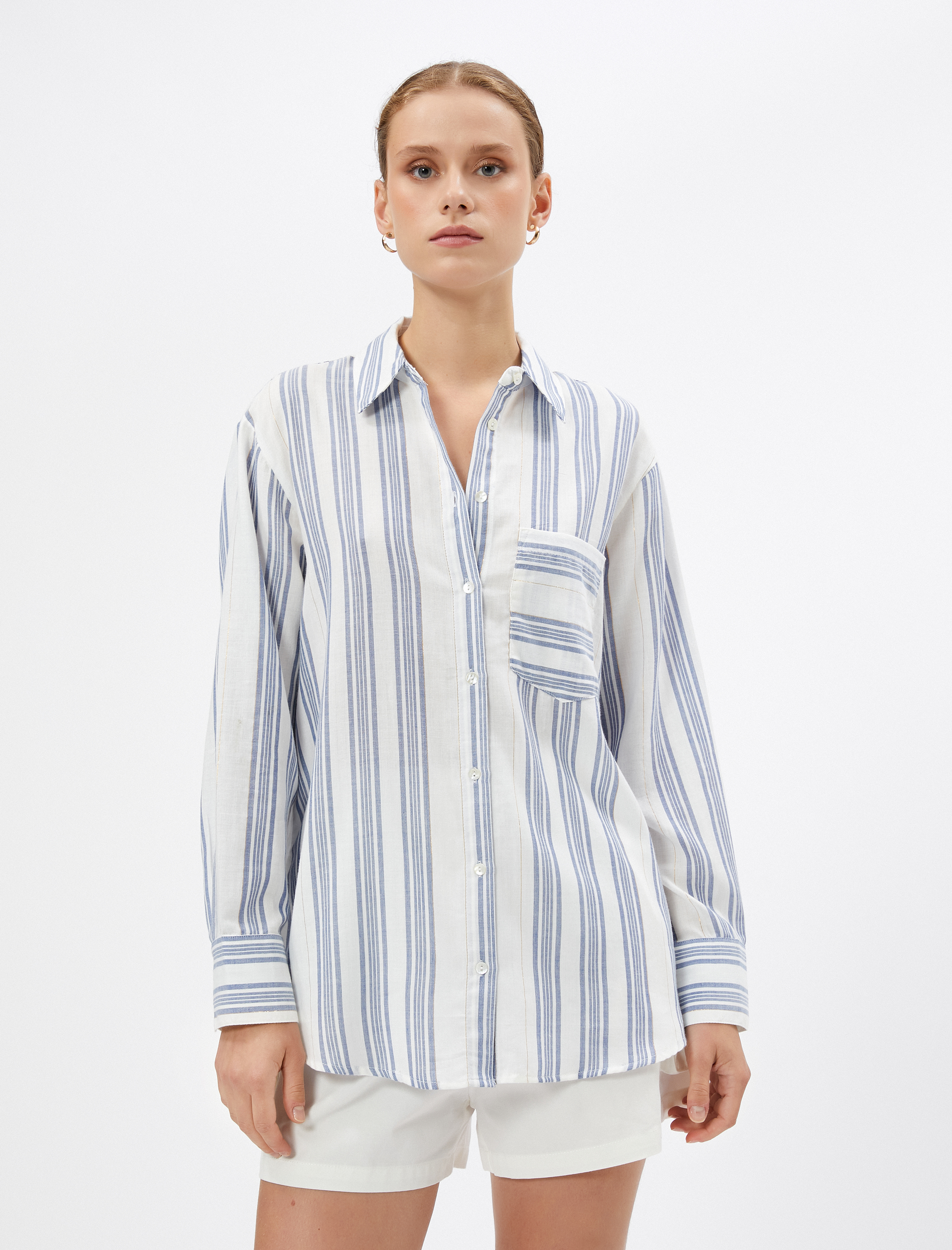   Uzun Kollu Gömlek Cep Detaylı Dokulu Pamuklu Düğmeli