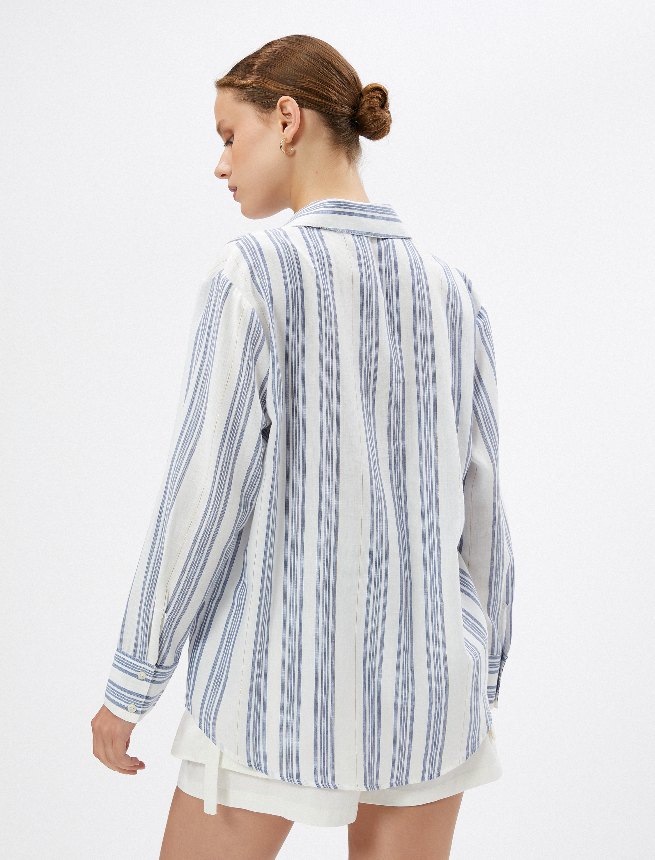   Uzun Kollu Gömlek Cep Detaylı Dokulu Pamuklu Düğmeli