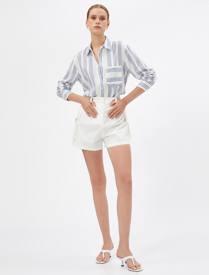  Uzun Kollu Gömlek Cep Detaylı Dokulu Pamuklu Düğmeli