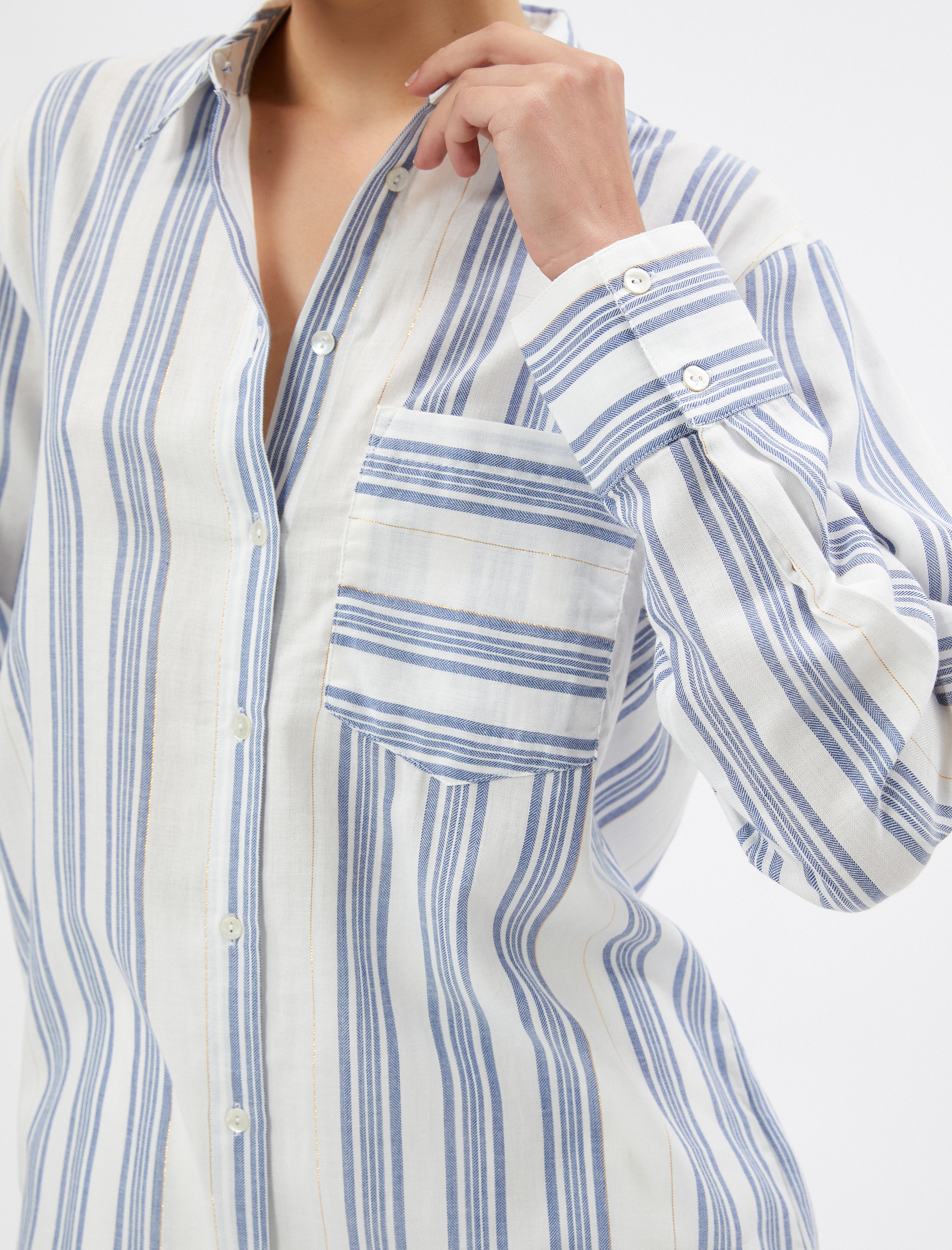   Uzun Kollu Gömlek Cep Detaylı Dokulu Pamuklu Düğmeli