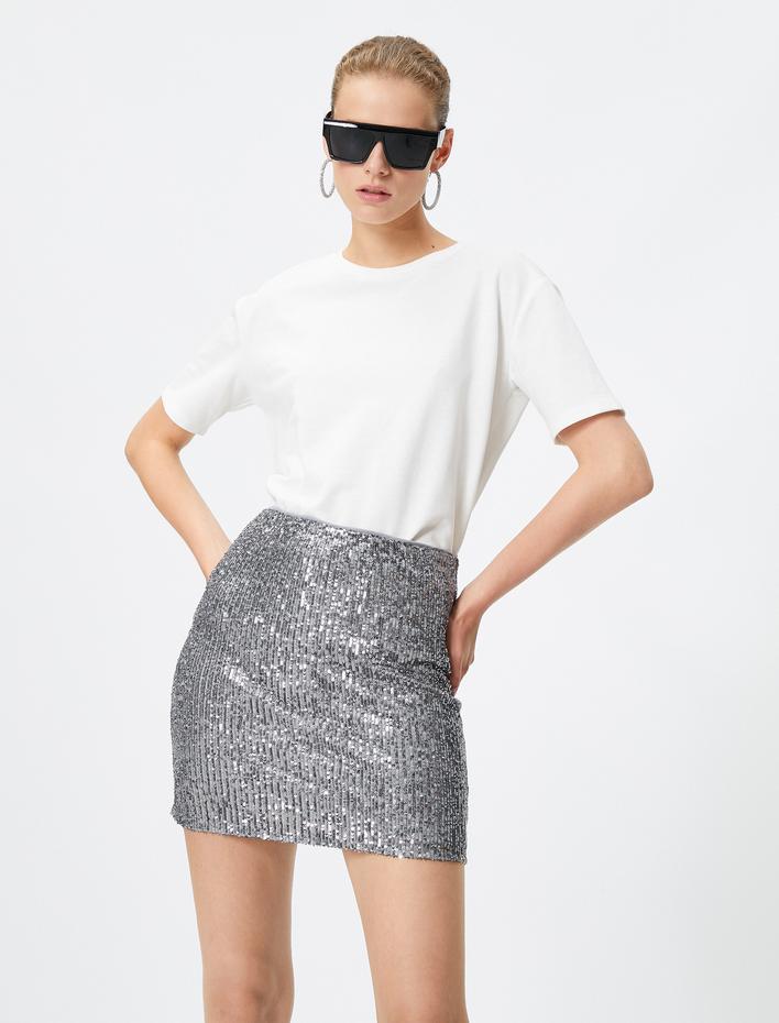  Payetli Mini Etek Astarlı Normal Bel