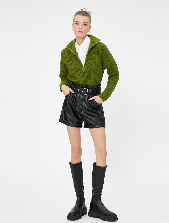  Yarım Fermuarlı Triko Kazak Dik Yaka Lastik Örgü Detaylı Yumuşak Dokulu