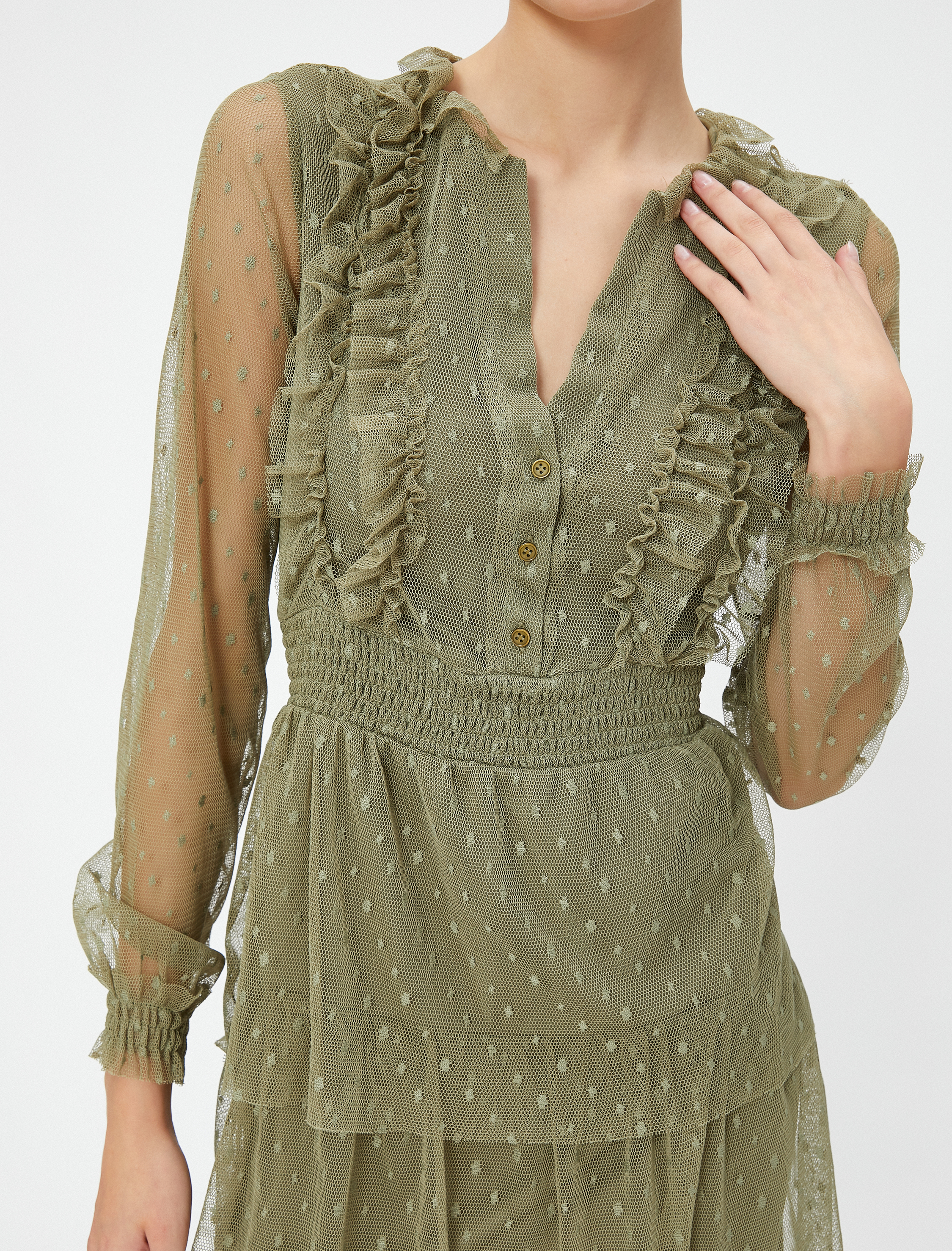   Mini Elbise V Yaka Tüllü Katlı Düğmeli Fırfır Detaylı Gipeli