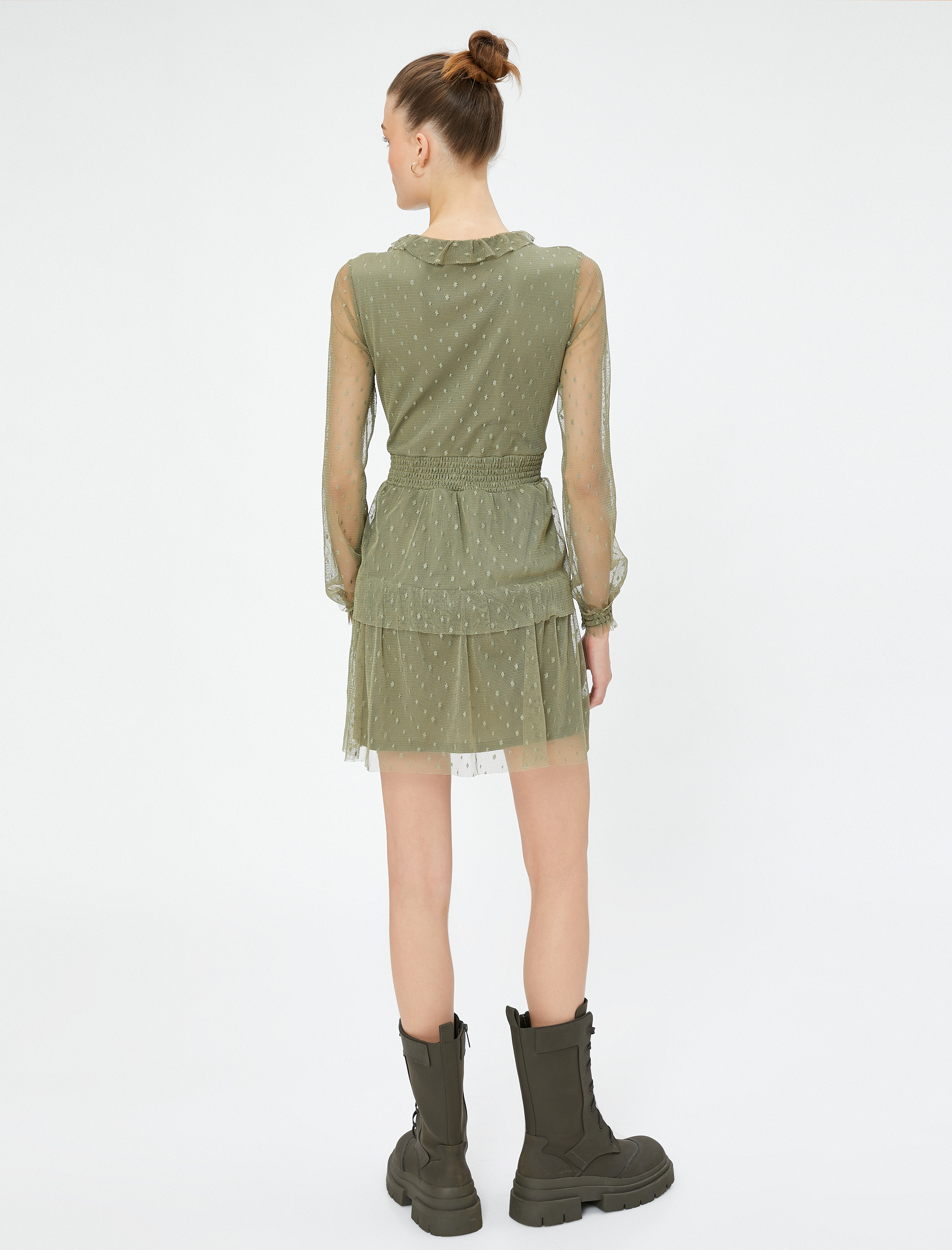   Mini Elbise V Yaka Tüllü Katlı Düğmeli Fırfır Detaylı Gipeli