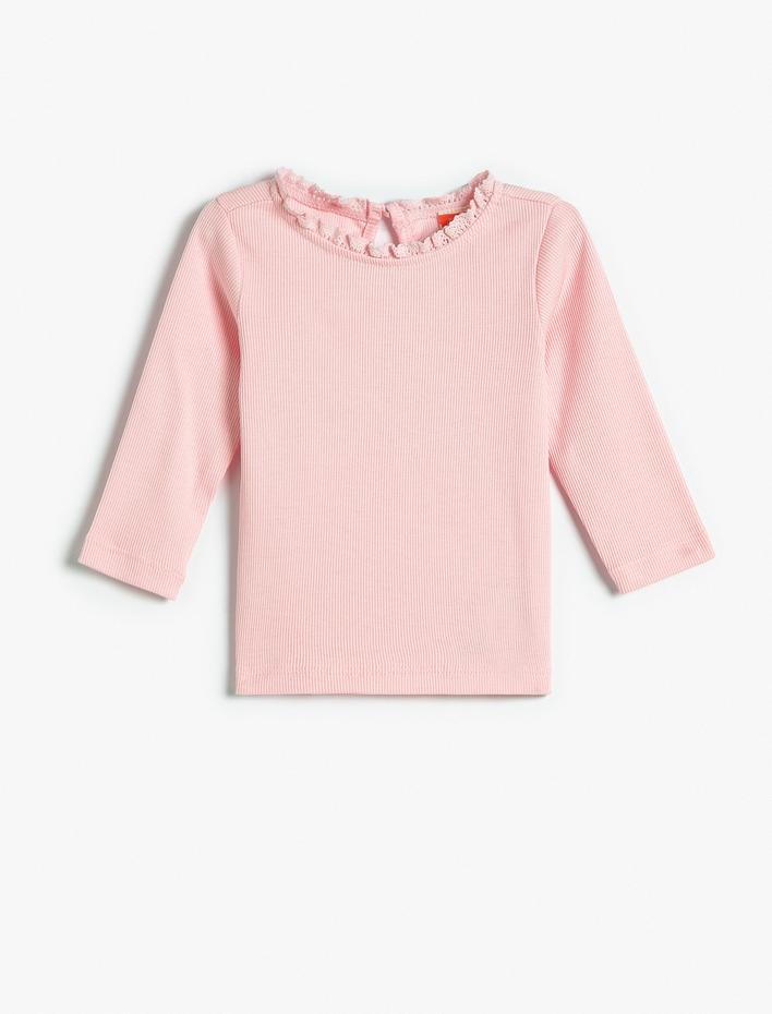 Kız Bebek Tişört Uzun Kollu Yuvarlak Yaka Fırfır Detaylı Kaşkorse Pamuklu