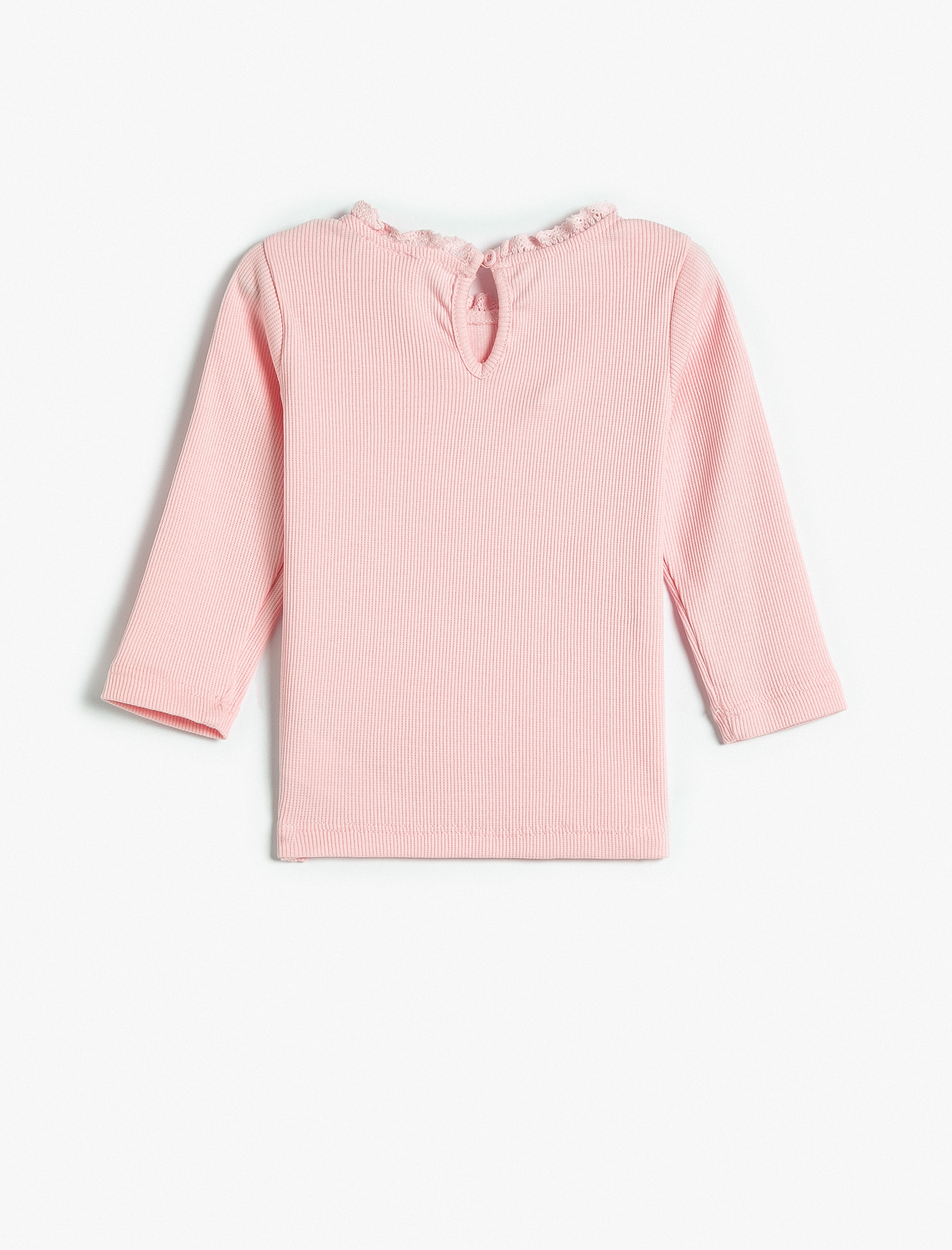  Kız Bebek Tişört Uzun Kollu Yuvarlak Yaka Fırfır Detaylı Kaşkorse Pamuklu