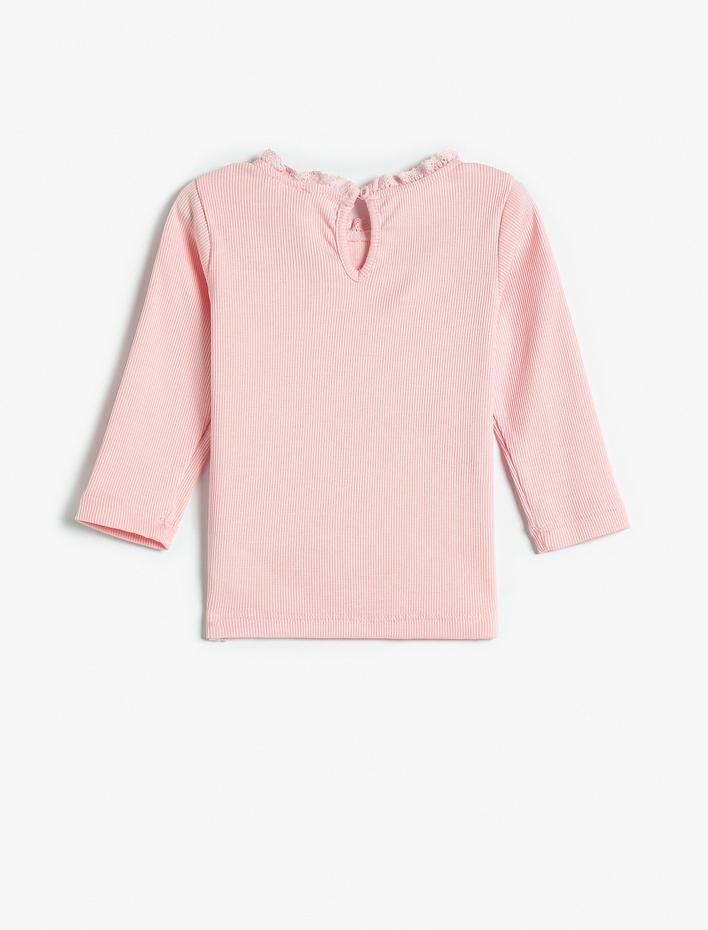 Kız Bebek Tişört Uzun Kollu Yuvarlak Yaka Fırfır Detaylı Kaşkorse Pamuklu