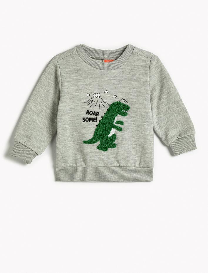 Erkek Bebek Sweatshirt Dinozor Peluş Aplike Detaylı Şardonlu Bisiklet Yaka