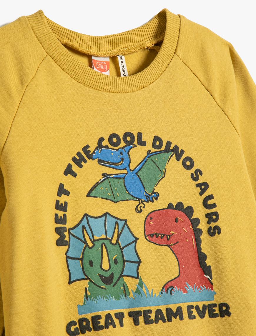  Erkek Bebek Dinozorlu Sweatshirt Şardonlu Uzun Kollu Bisiklet Yaka Pamuklu