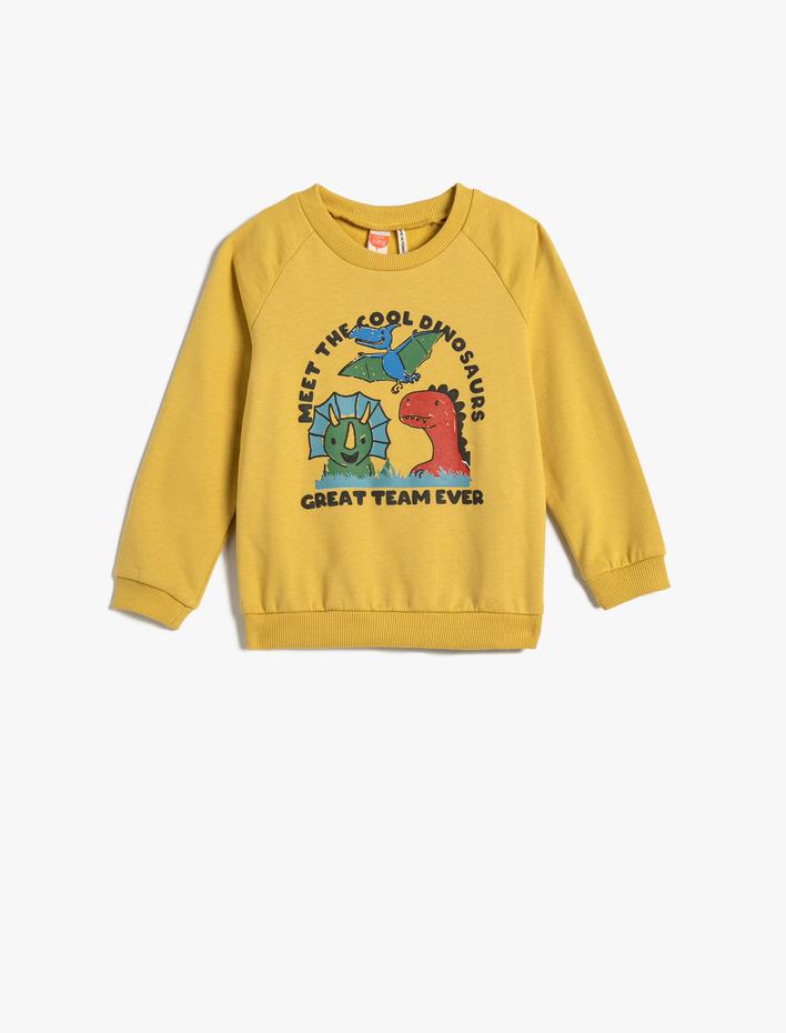 Erkek Bebek Dinozorlu Sweatshirt Şardonlu Uzun Kollu Bisiklet Yaka Pamuklu