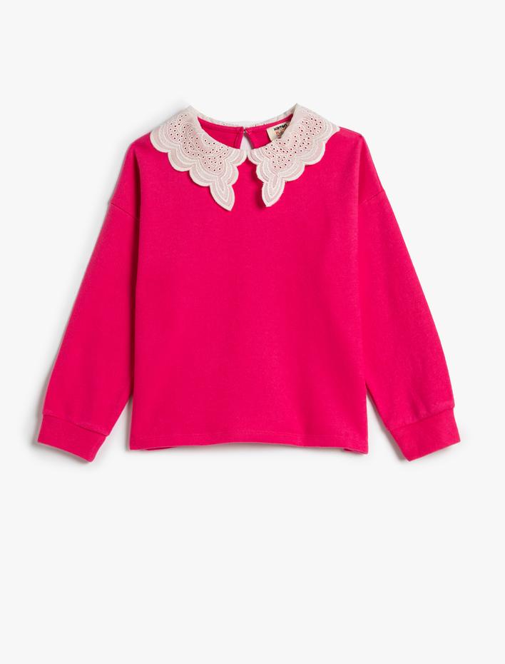 Kız Çocuk Sweatshirt Dantelli Geniş Yaka Detaylı Yumuşak Dokulu Uzun Kollu