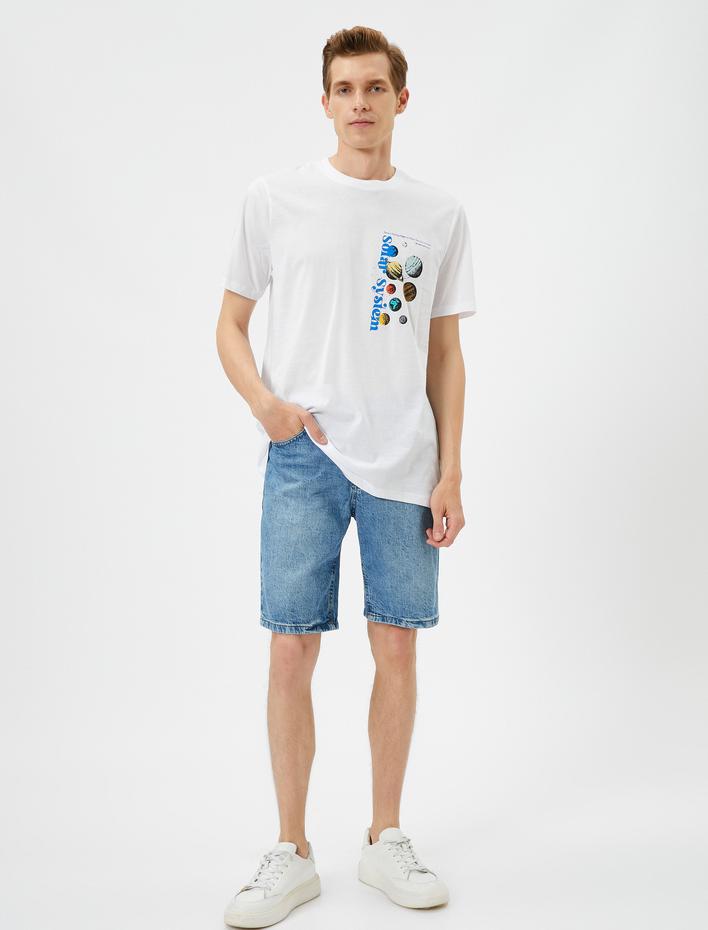  Arkası Baskılı Tişört Uzay Temalı Bisiklet Yaka Kısa Kollu Pamuklu