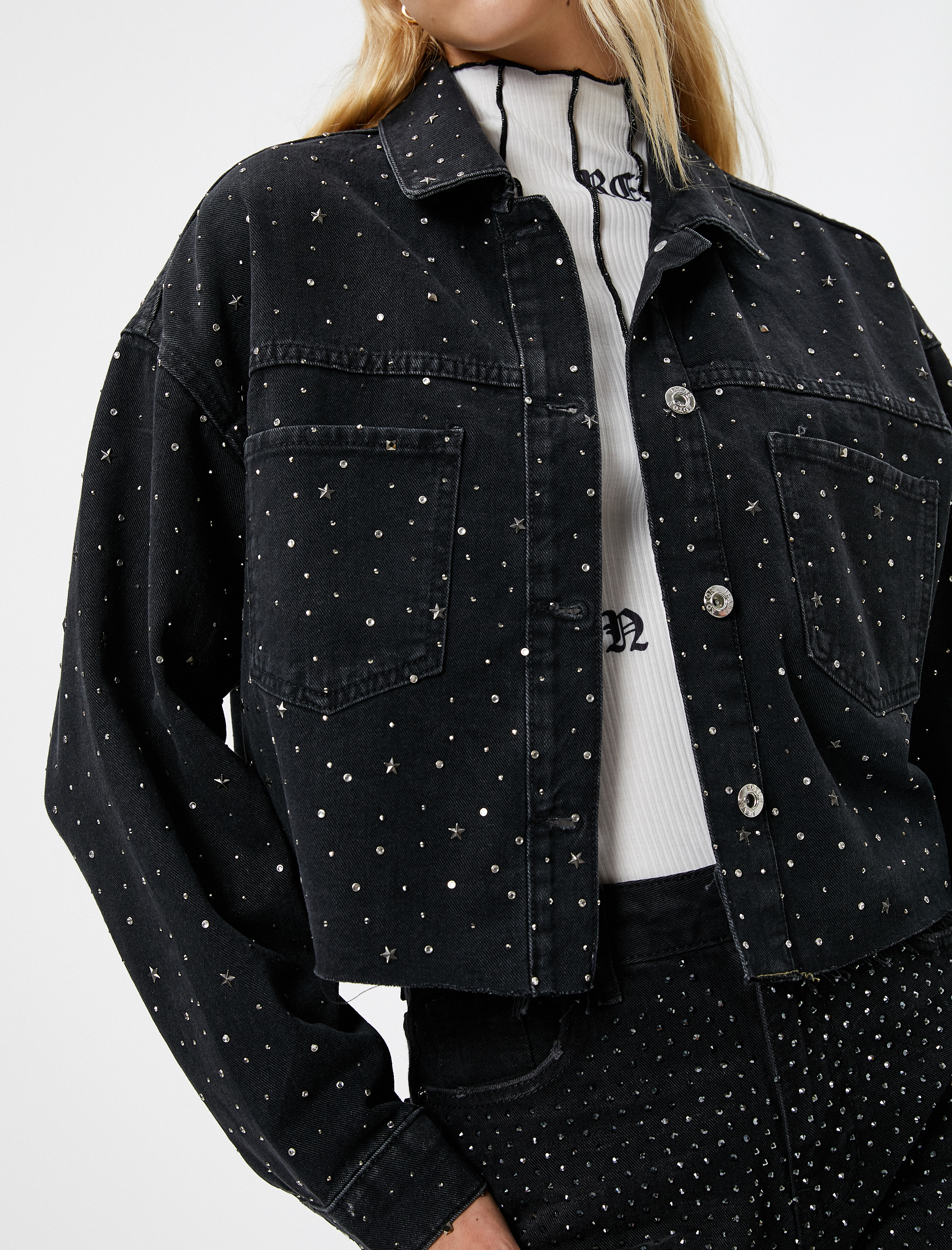   Kot Ceket Yıldız Parlak Taş İşlemeli Cepli Düğmeli