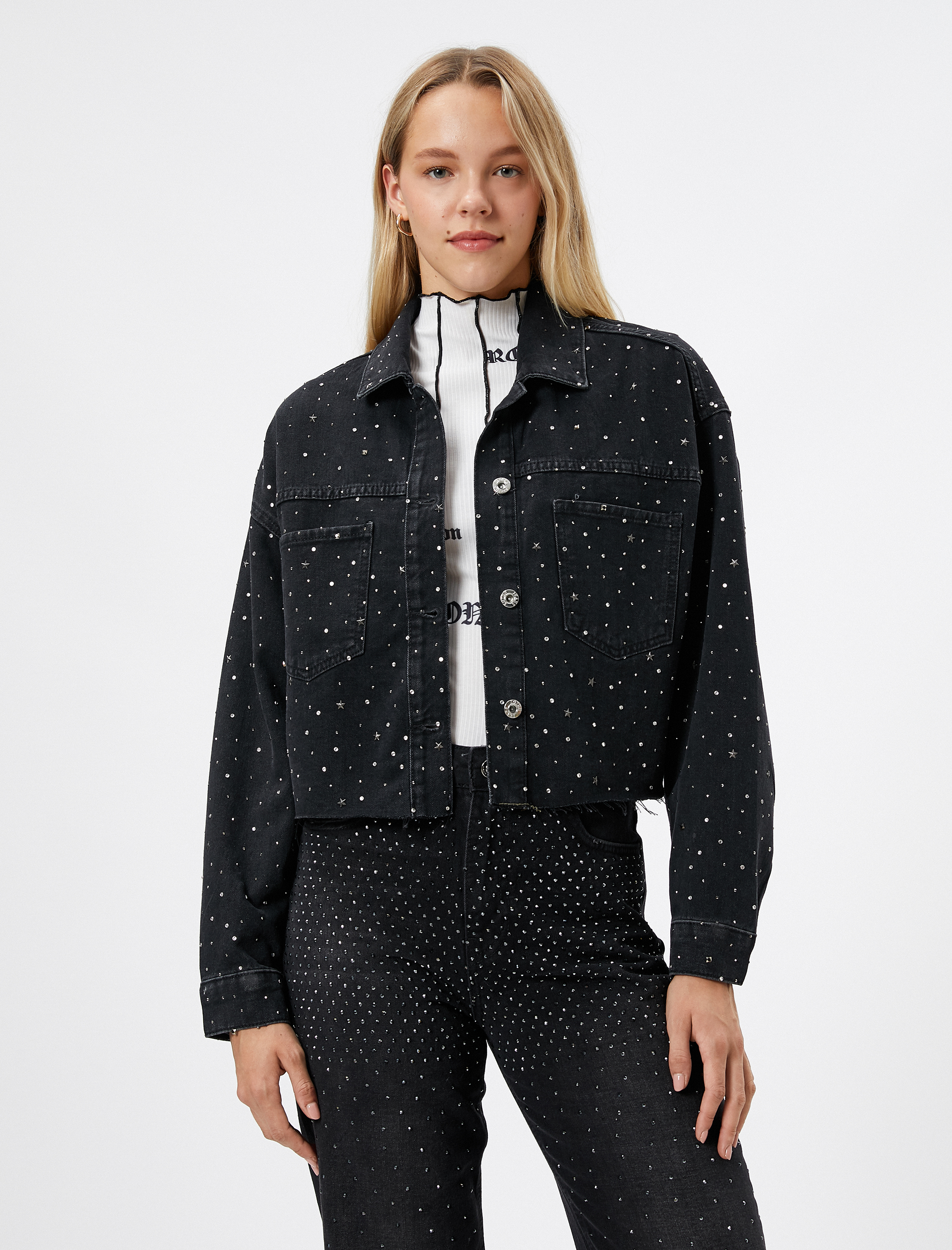   Kot Ceket Yıldız Parlak Taş İşlemeli Cepli Düğmeli