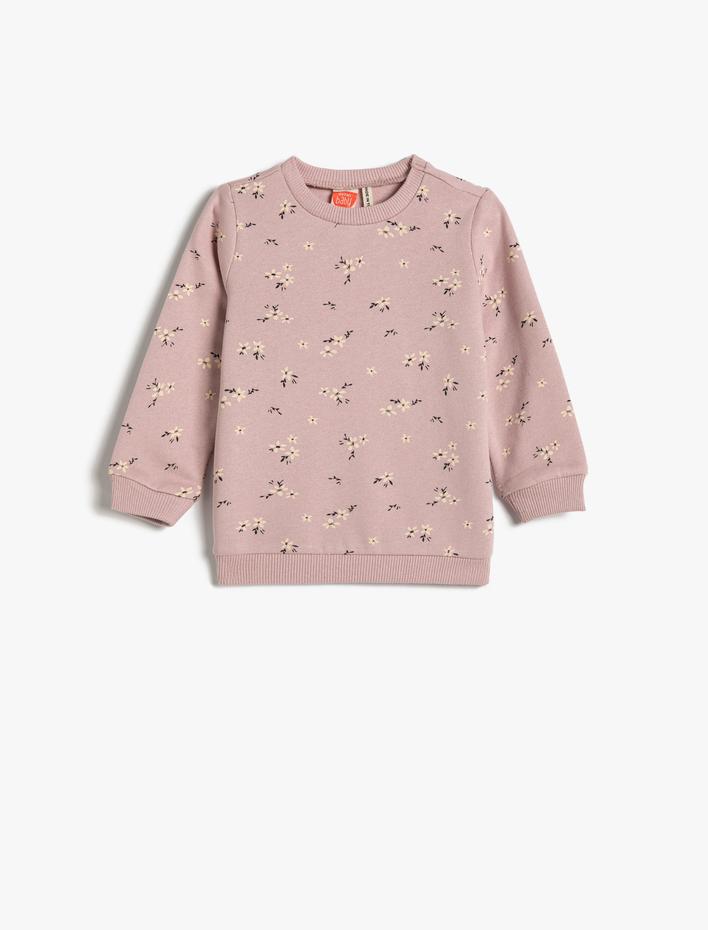 Kız Bebek Çiçekli Sweatshirt Uzun Kollu Bisiklet Yaka Pamuklu