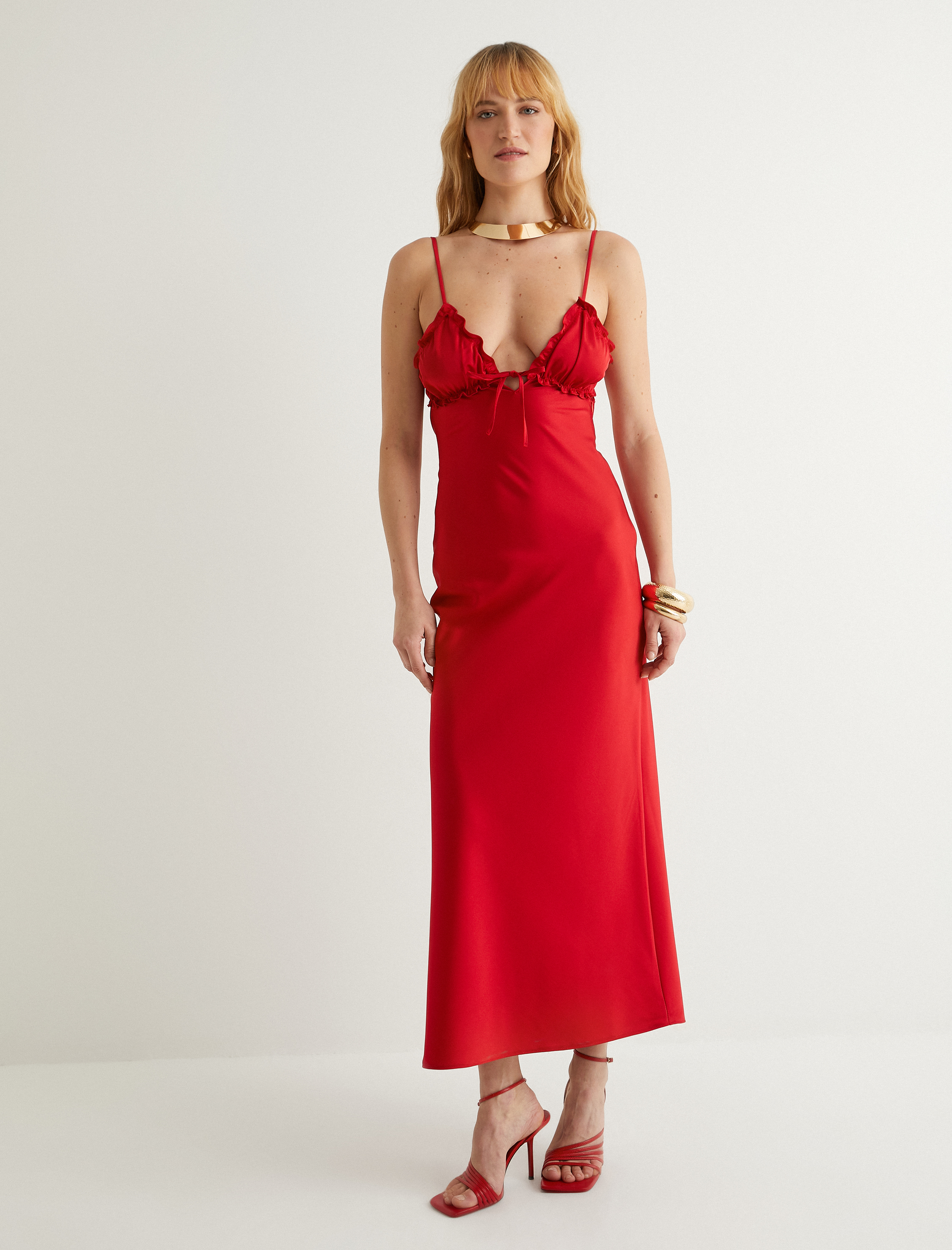   Koton X Sima Tarkan - İnce Askılı Midi Saten Elbise Fırfırlı Fiyonklu