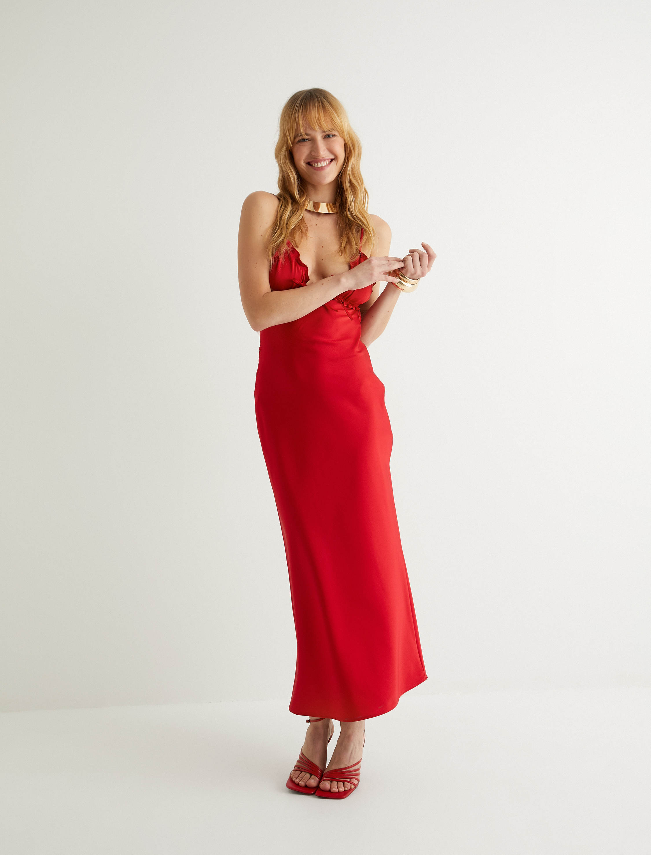   Koton X Sima Tarkan - İnce Askılı Midi Saten Elbise Fırfırlı Fiyonklu