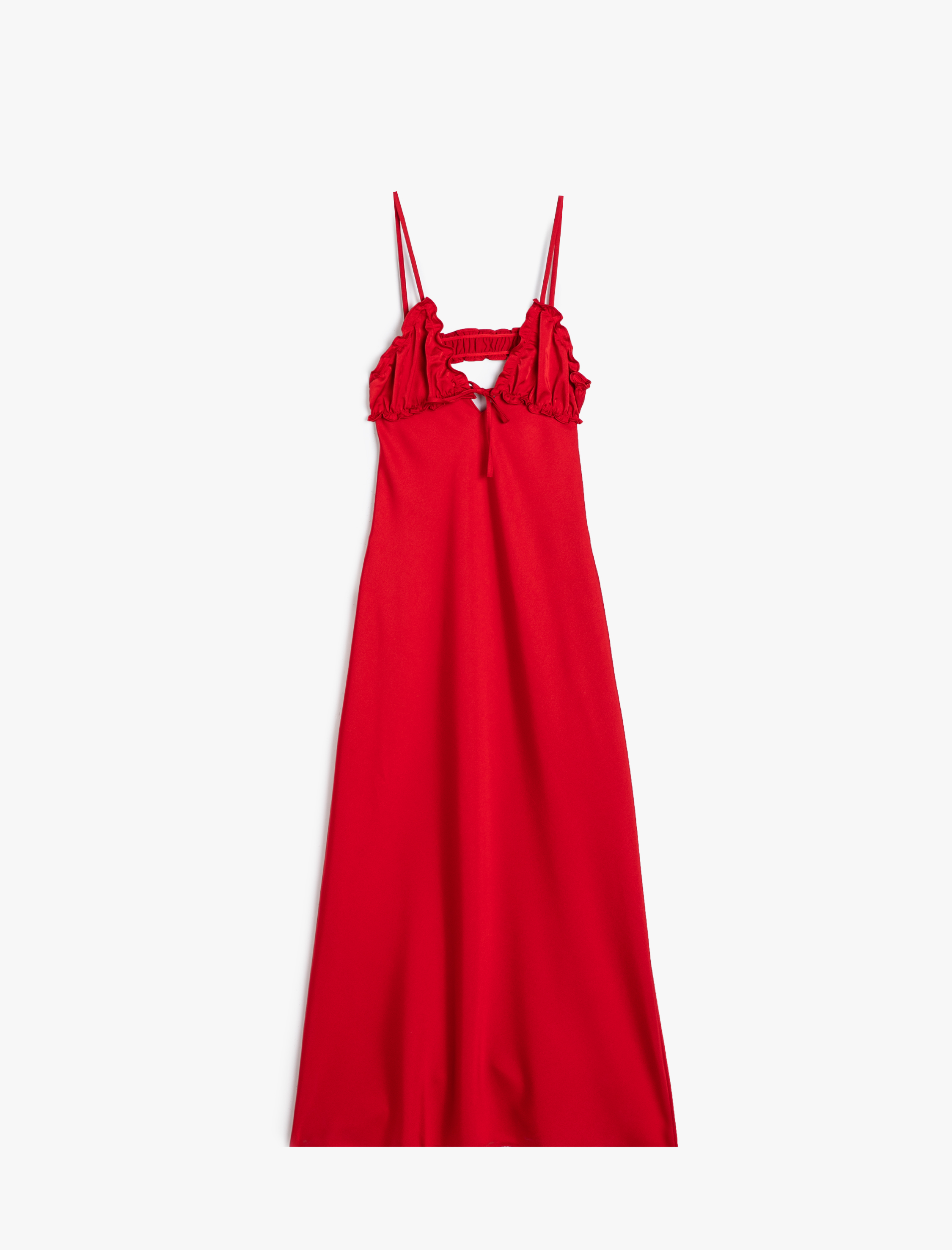   Koton X Sima Tarkan - İnce Askılı Midi Saten Elbise Fırfırlı Fiyonklu