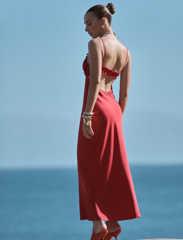  Koton X Sima Tarkan - İnce Askılı Midi Saten Elbise Fırfırlı Fiyonklu