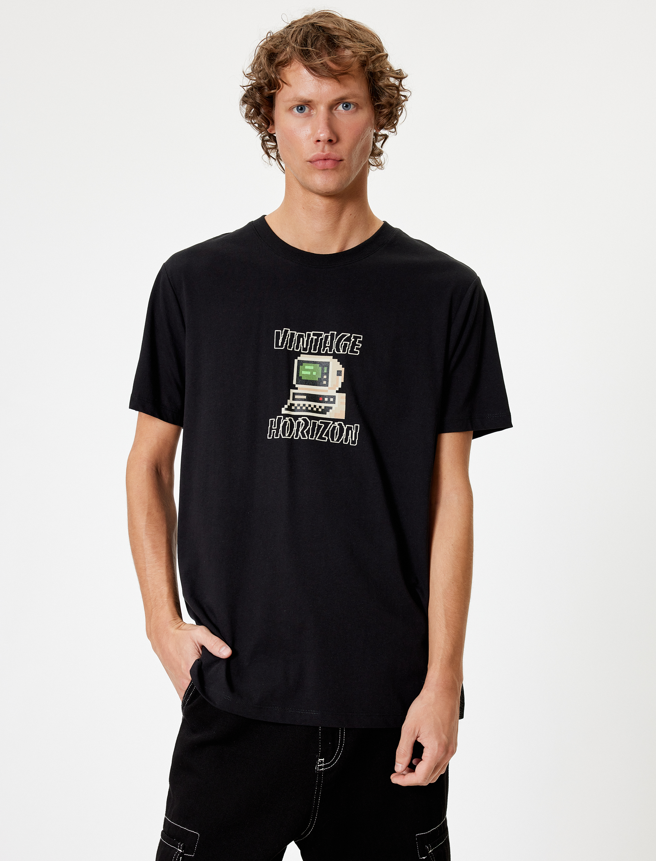   Slim Fit Tişört Slogan Baskılı Kısa Kollu Bisiklet Yaka Pamuklu