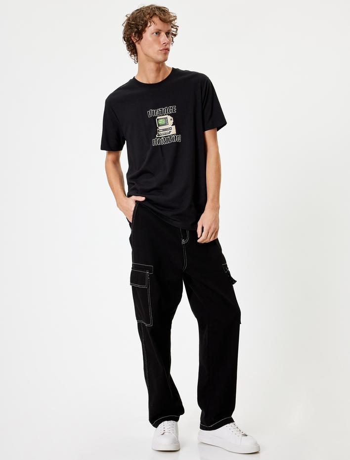  Slim Fit Tişört Slogan Baskılı Kısa Kollu Bisiklet Yaka Pamuklu