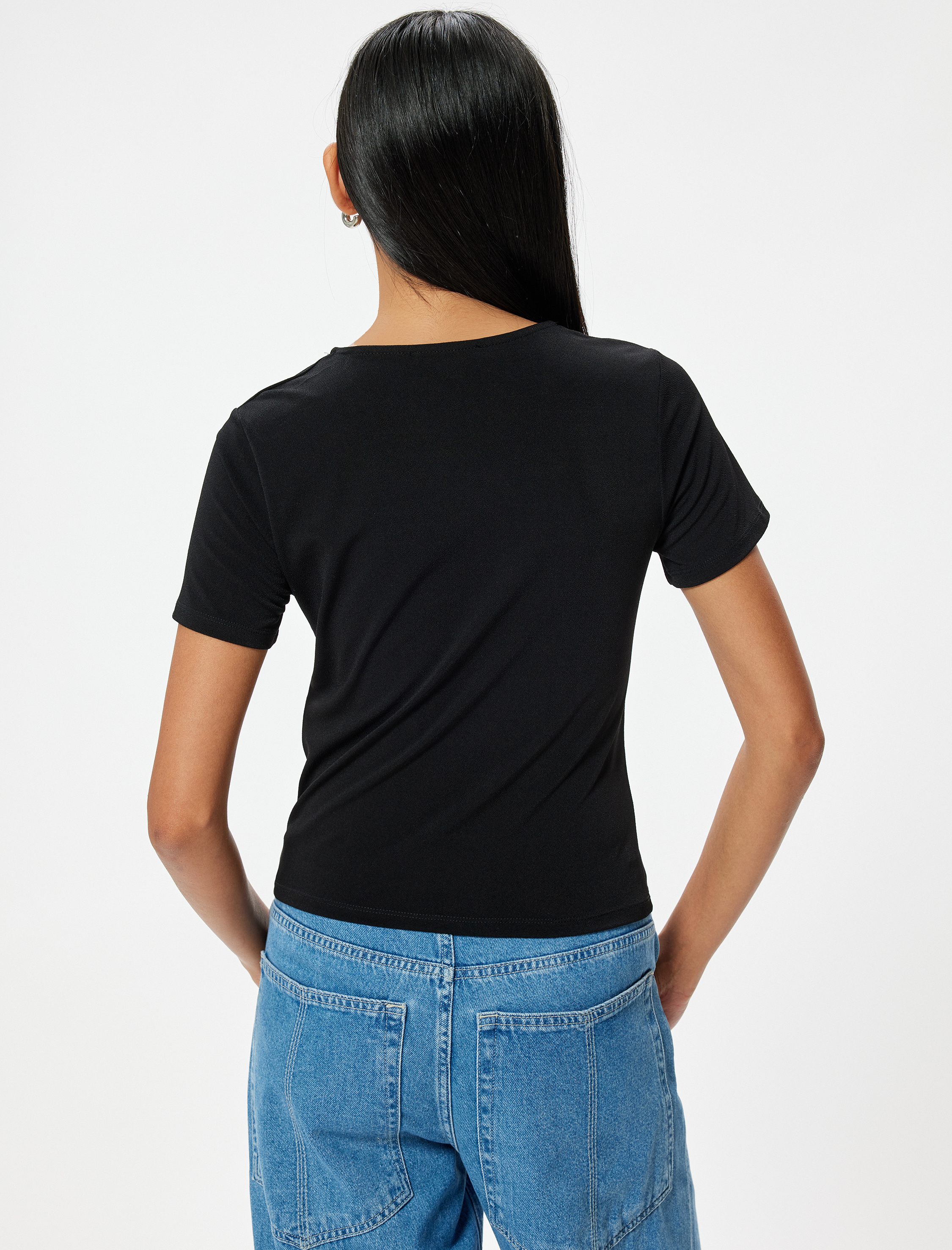   Drapeli V Yaka Tişört Kısa Kollu