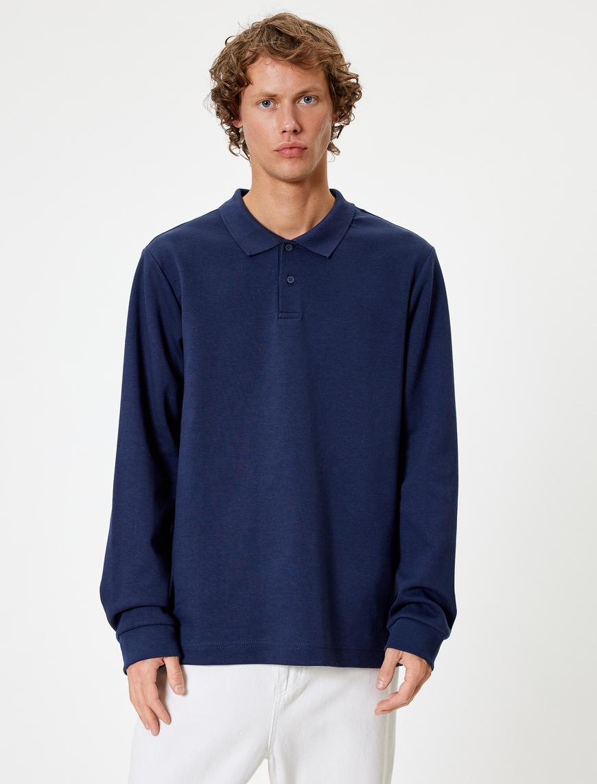   Polo Yaka Sweatshirt Basic Düğmeli Pamuklu İnterlok Kumaş