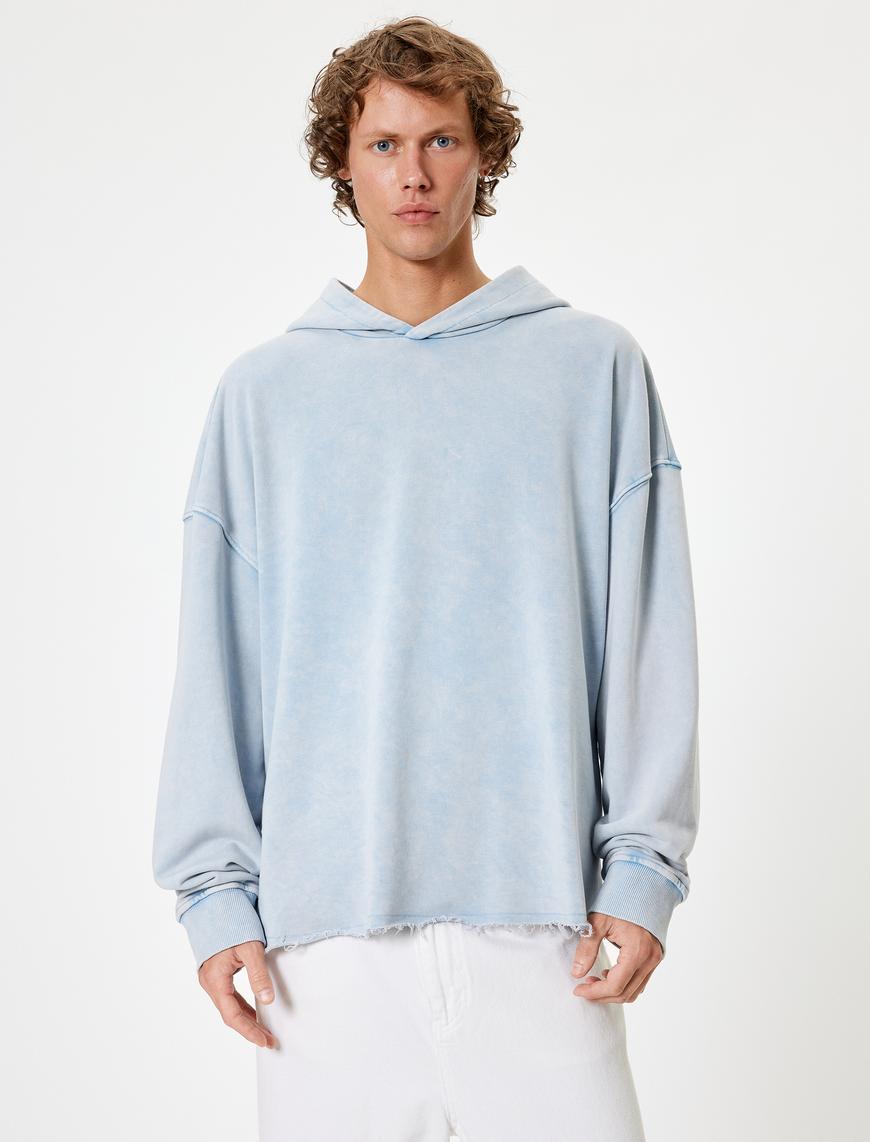   Oversize Sweatshirt Yıkamalı Basic Uzun Kollu Kapşonlu Pamuk Karışımlı