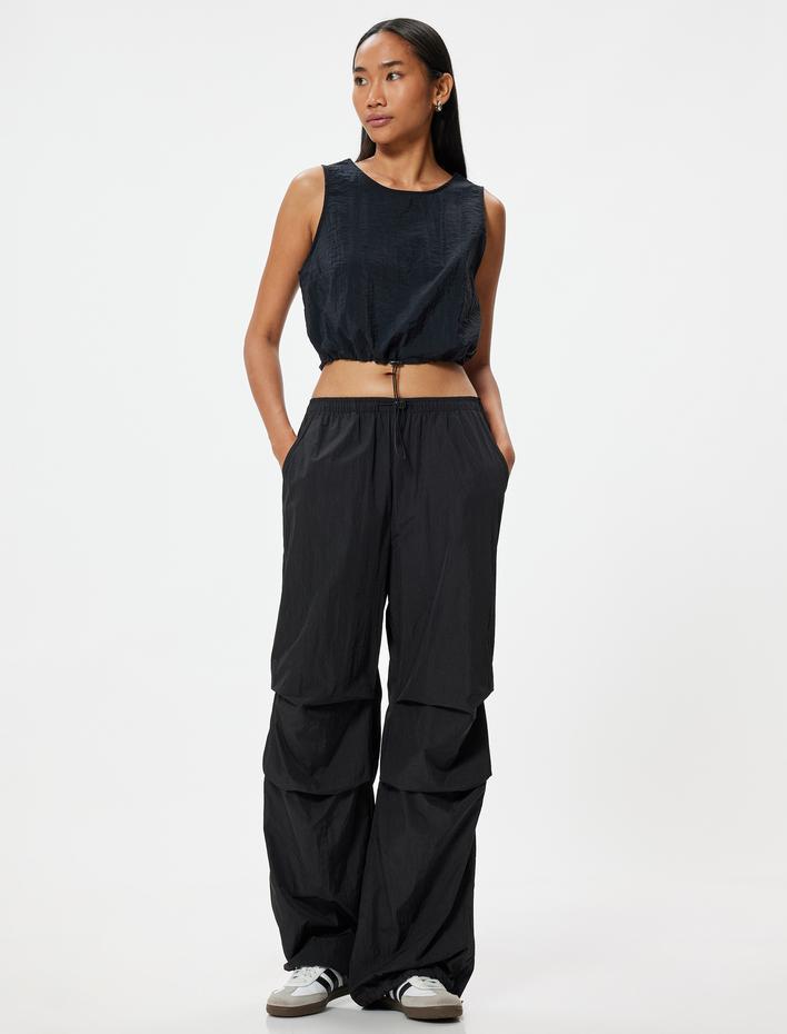  Crop Kolsuz Tişört Paraşüt Kumaş Yuvarlak Yaka Beli Lastikli