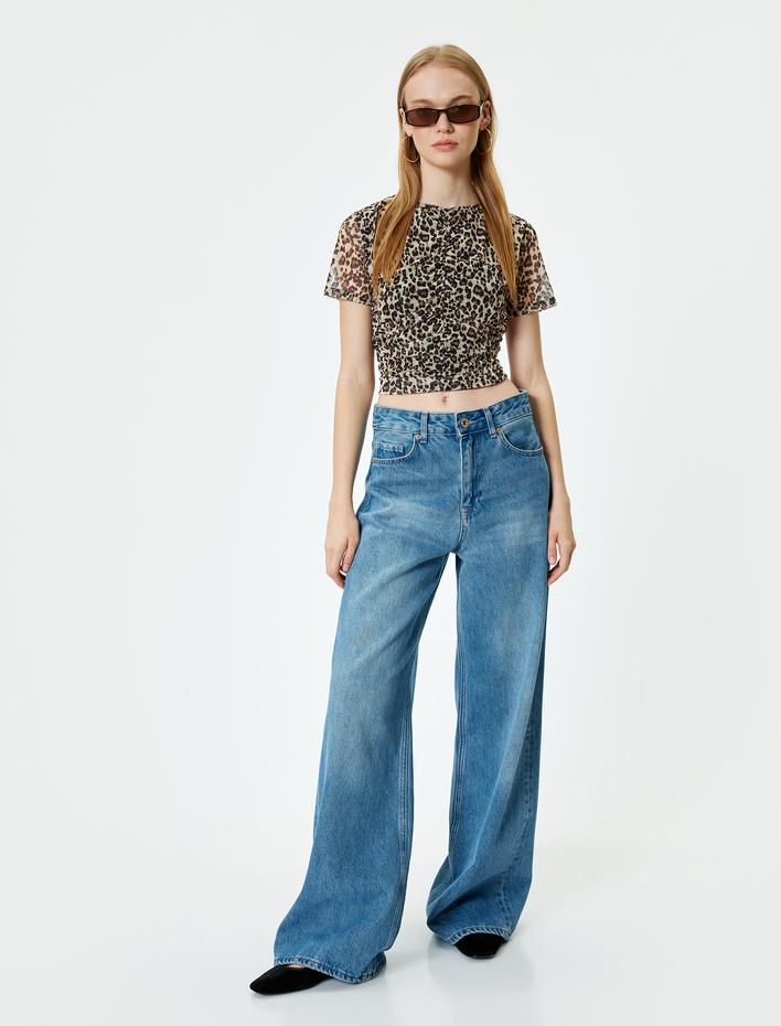  Şifon Bluz Leopar Desenli Kısa Kollu Büzgülü Bisiklet Yaka