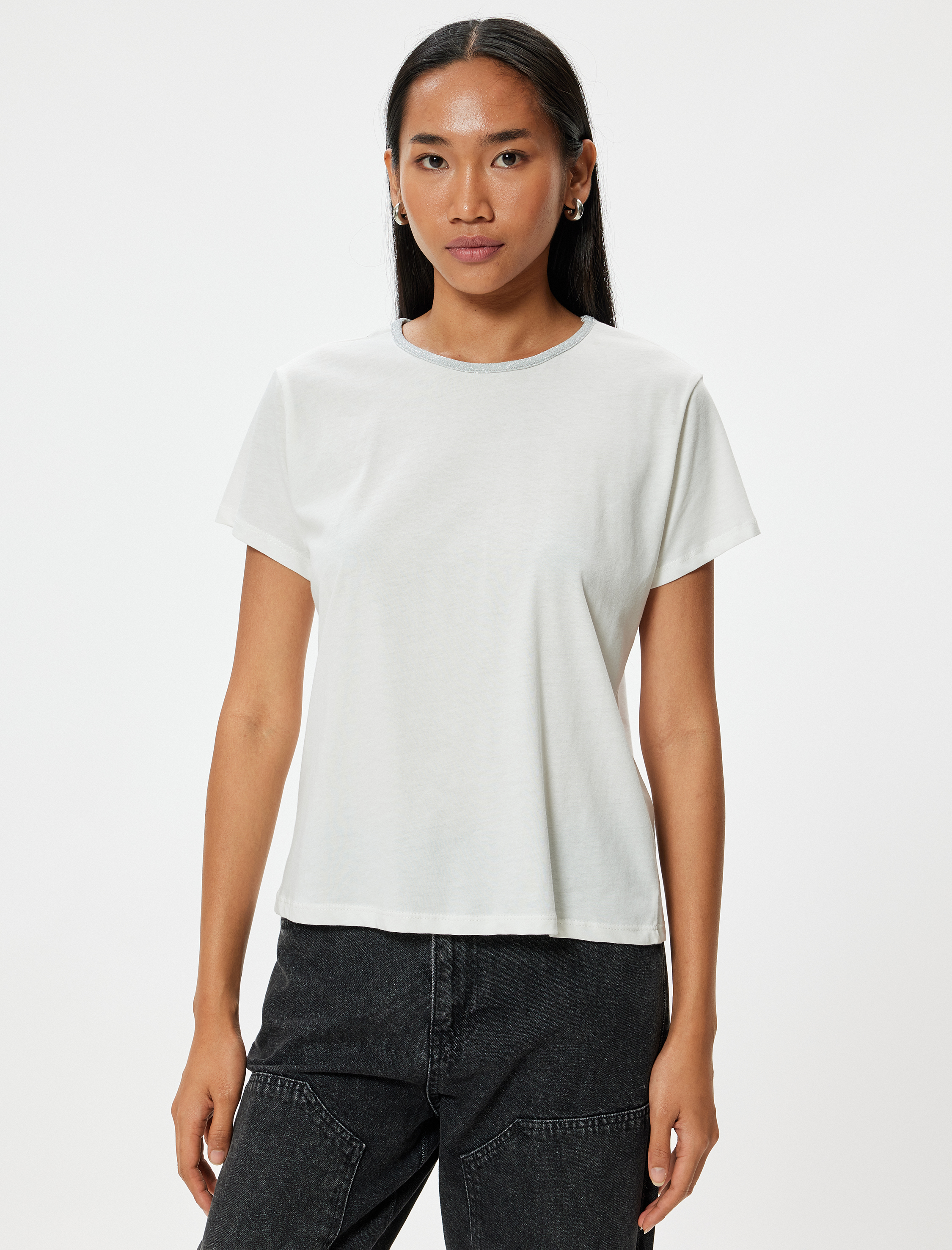   Kısa Kollu Pamuklu Parıltılı Bisiklet Yaka Tişört