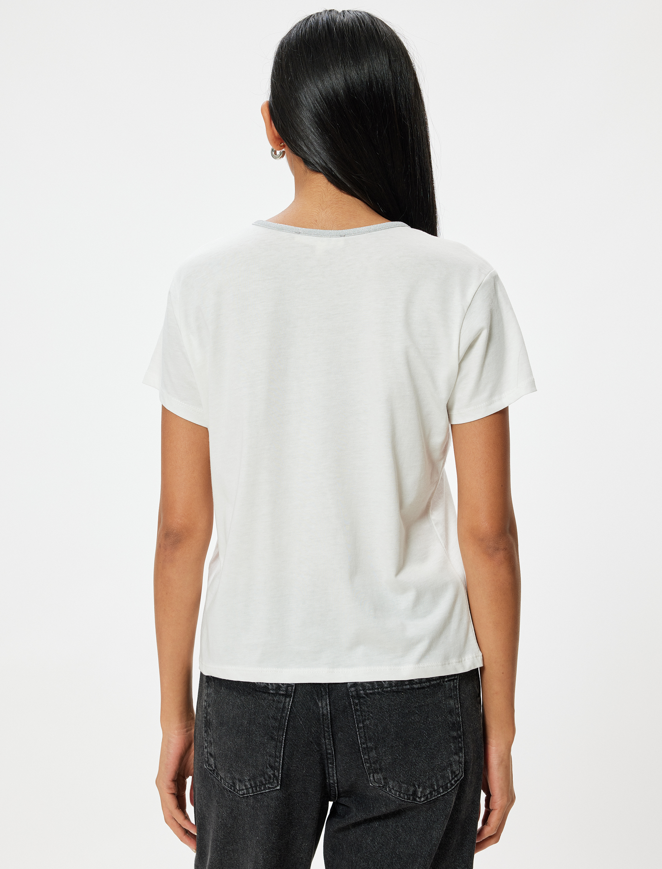   Kısa Kollu Pamuklu Parıltılı Bisiklet Yaka Tişört