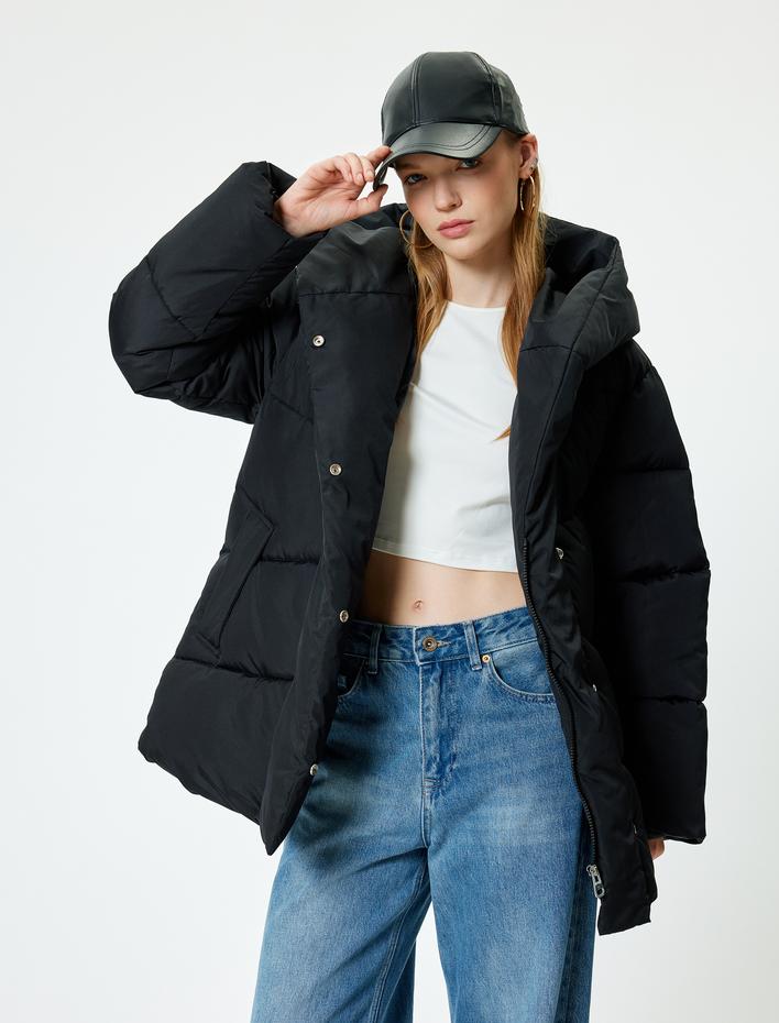  Uzun Şişme Mont Çıtçıt Düğmeli Kapüşonlu Cep Detaylı