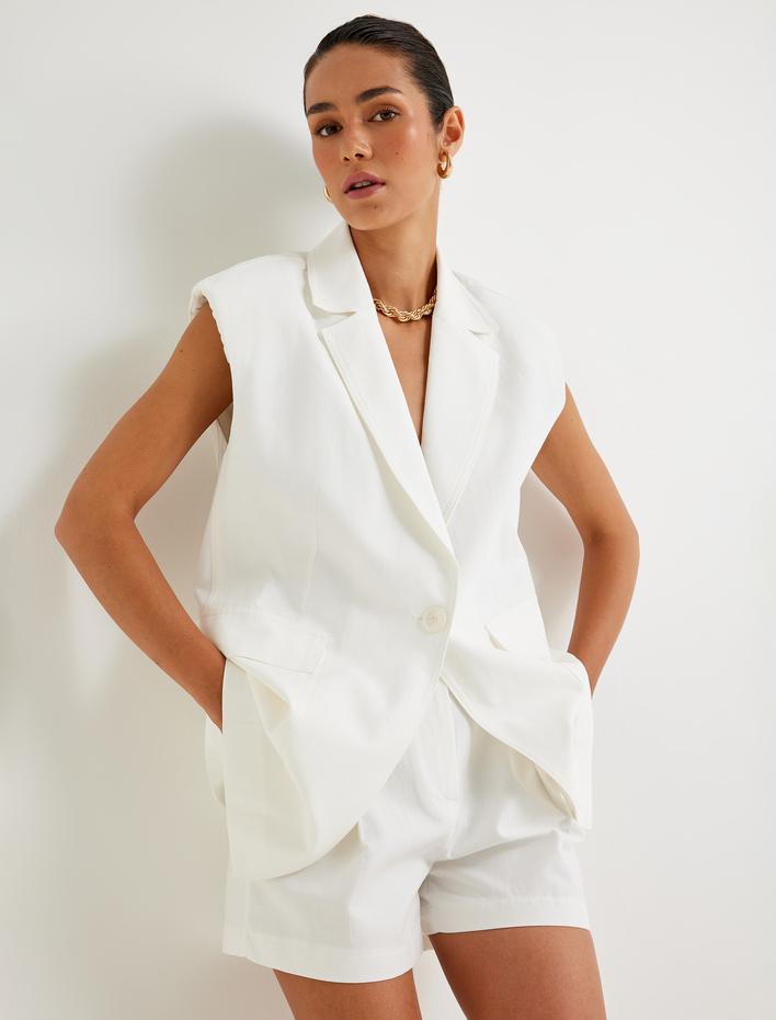  Koton X Sima Tarkan - Keten Karışımlı Blazer Yelek Kruvaze Kalça Boy Cepli