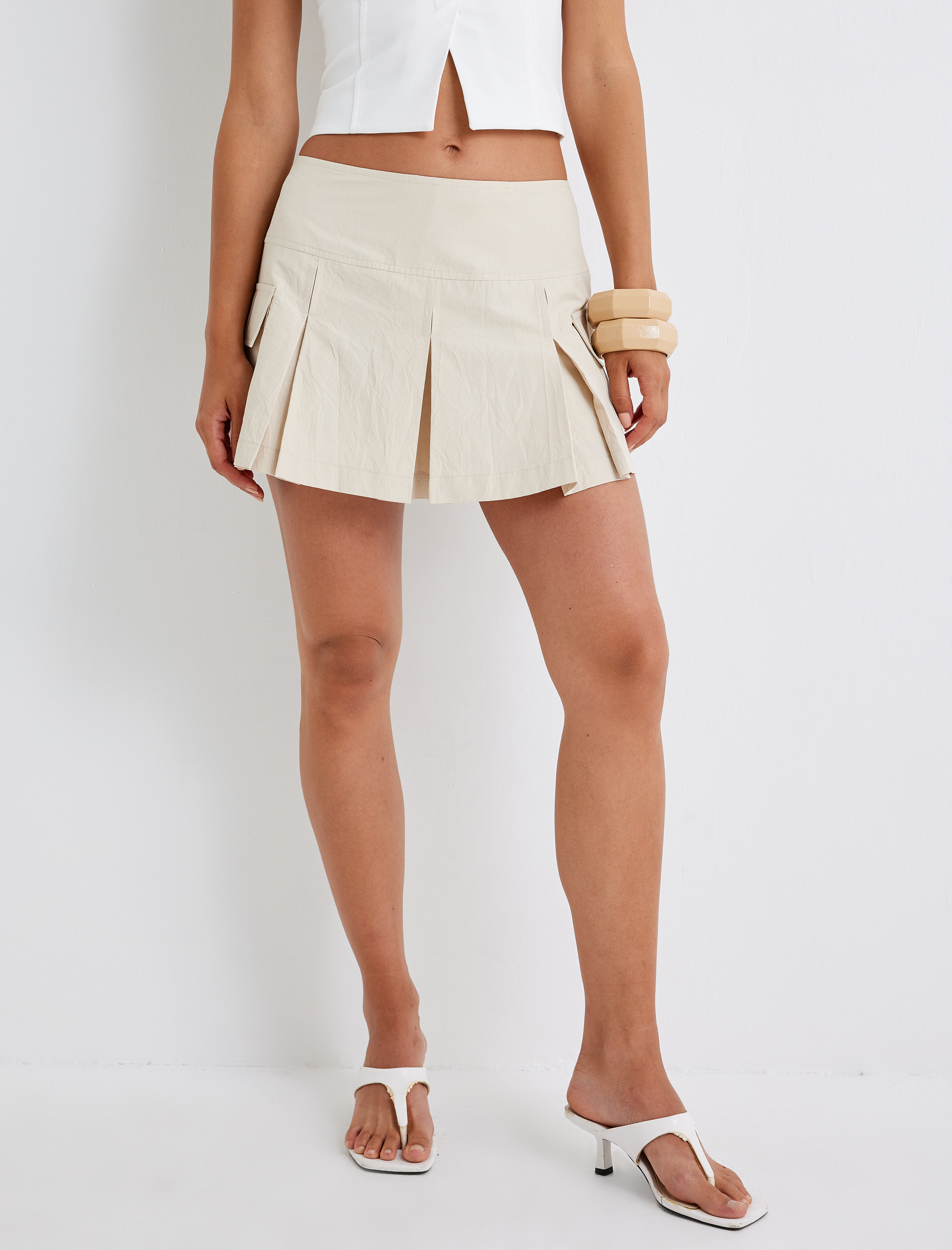   Pileli Mini Etek Kargo Cep Detaylı Poplin Kumaş