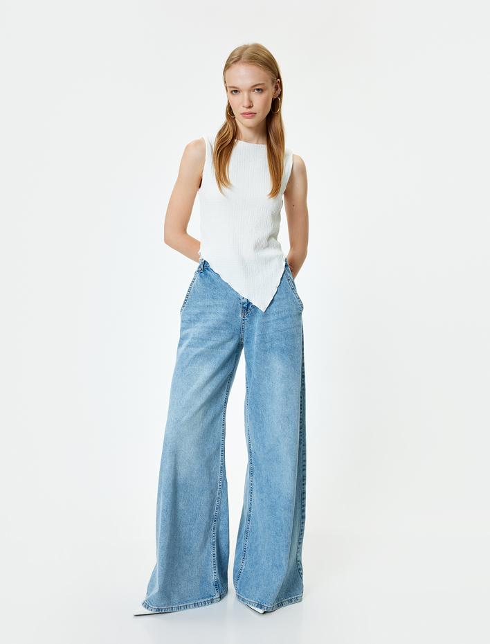  Kolsuz Bluz Bürümcük Asimetrik Kesim Bisiklet Yaka Slim Fit