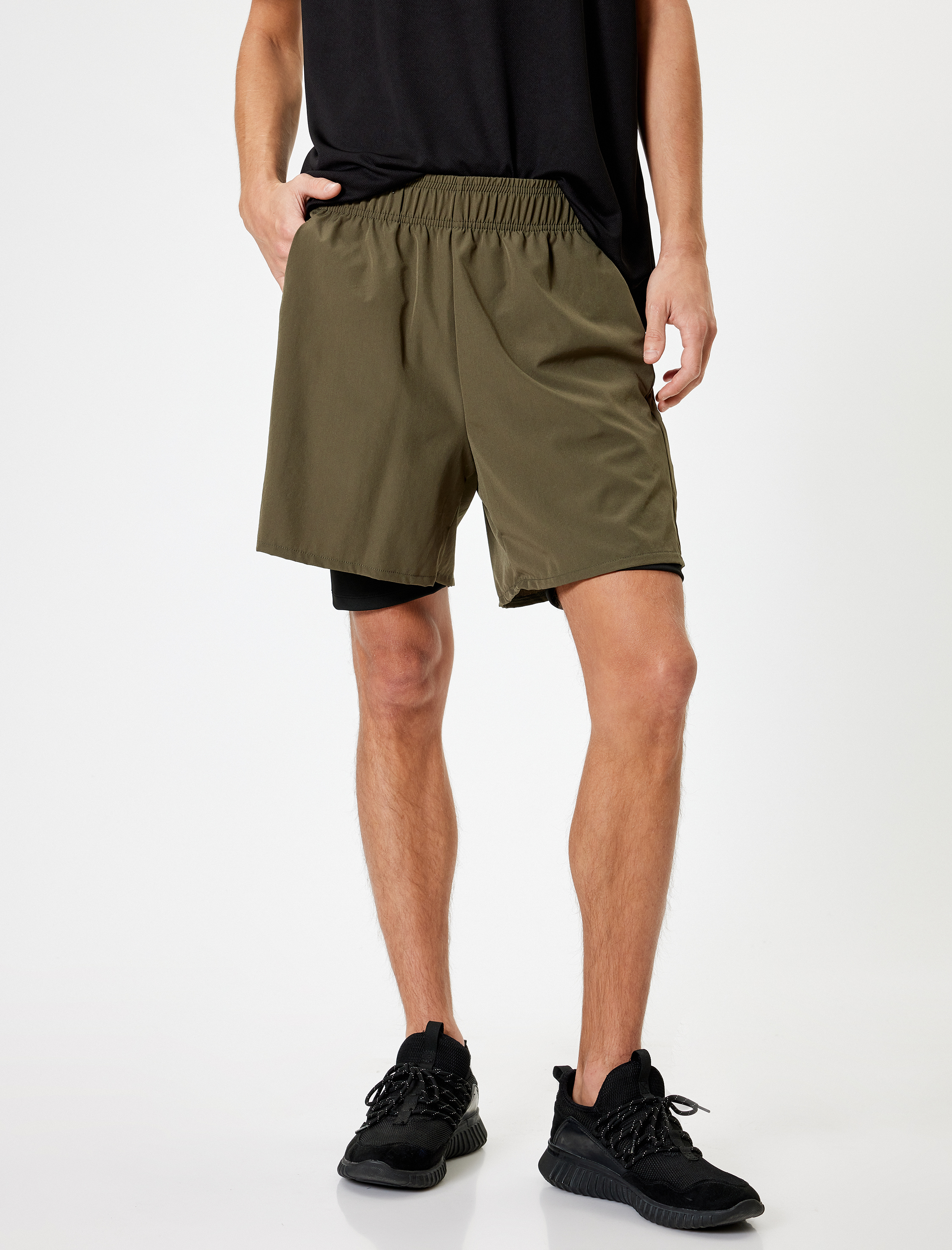   Spor Şort Taytlı Paraşüt Kumaş Renk Bloklu Cep Detaylı