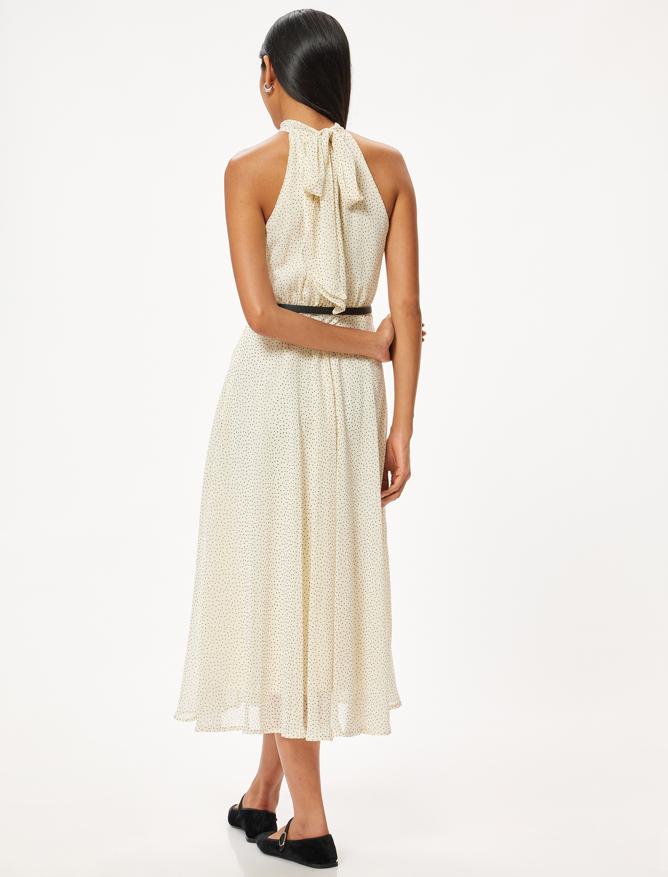   Puantiyeli Halter Yaka Elbise Midi Boy Kemerli Astarlı