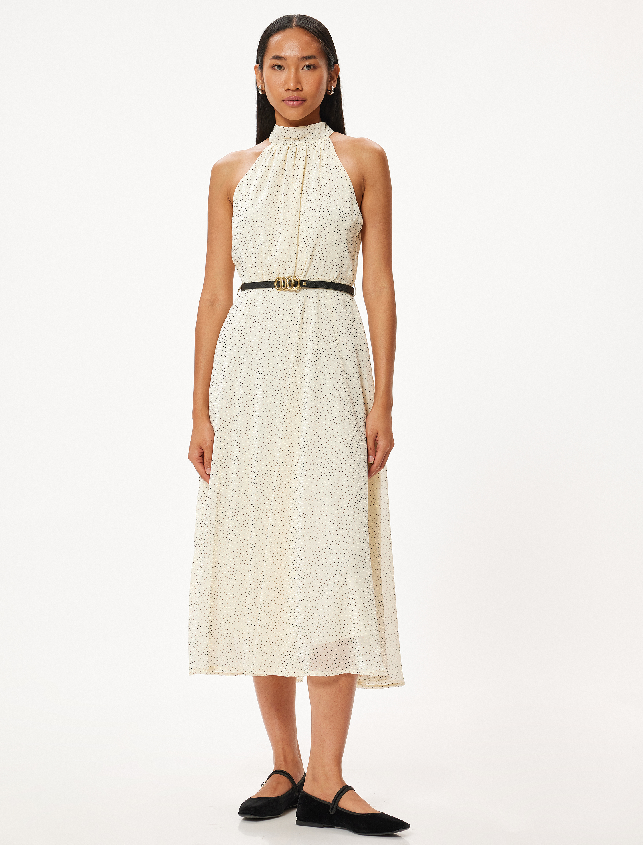   Puantiyeli Halter Yaka Elbise Midi Boy Kemerli Astarlı