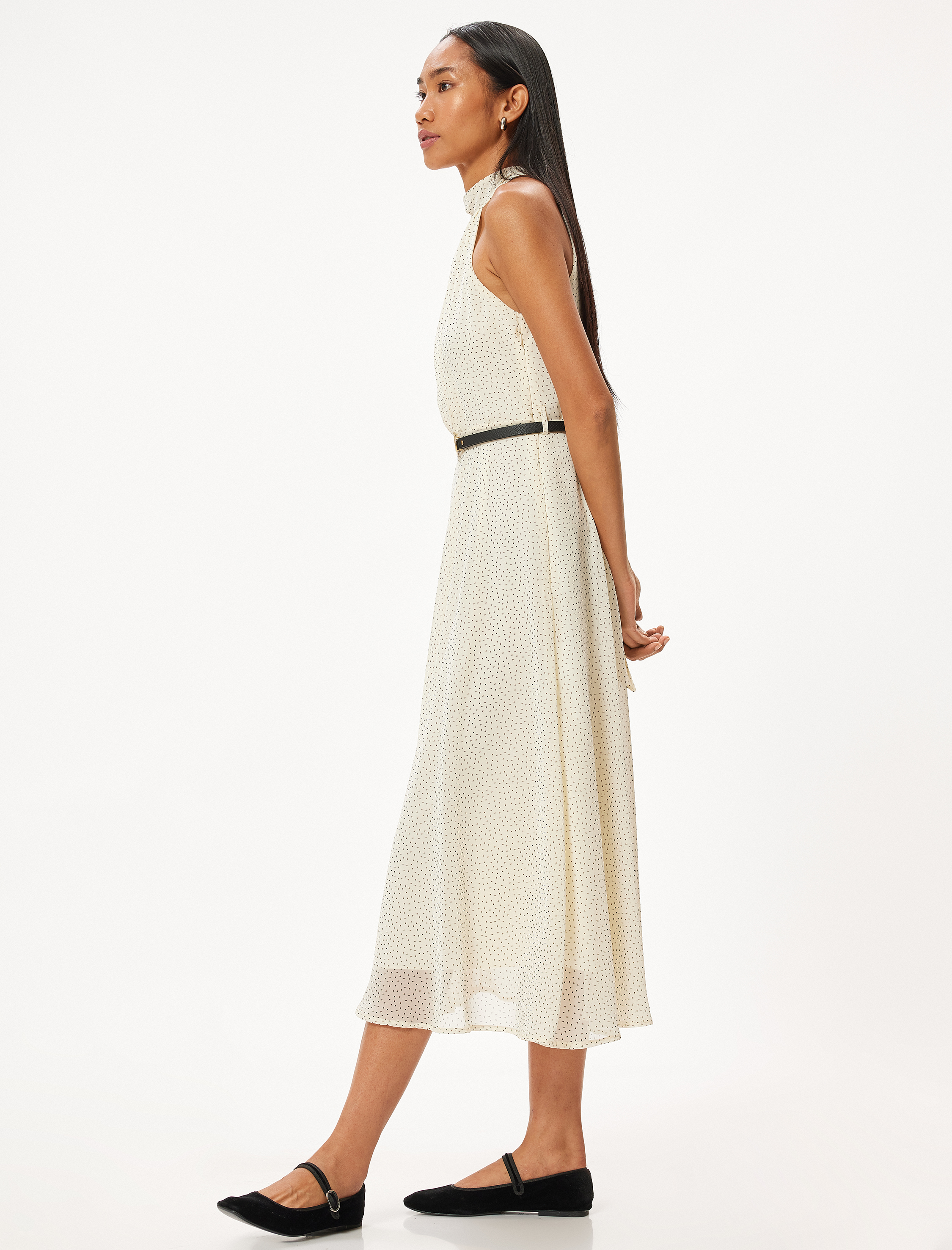   Puantiyeli Halter Yaka Elbise Midi Boy Kemerli Astarlı