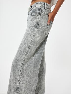 Standart Bel Kot Pantolon Geniş Paça Yıkamalı Pamuklu - Bianca Wide Leg Jeans_4