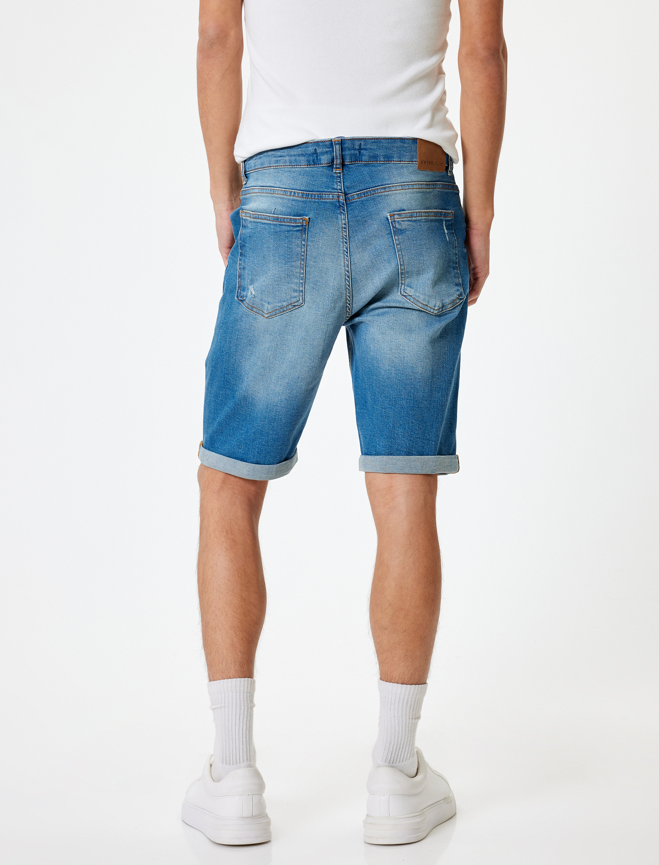   Slim Fit Kot Şort Bermuda Katlama Paçalı Düğme Detaylı