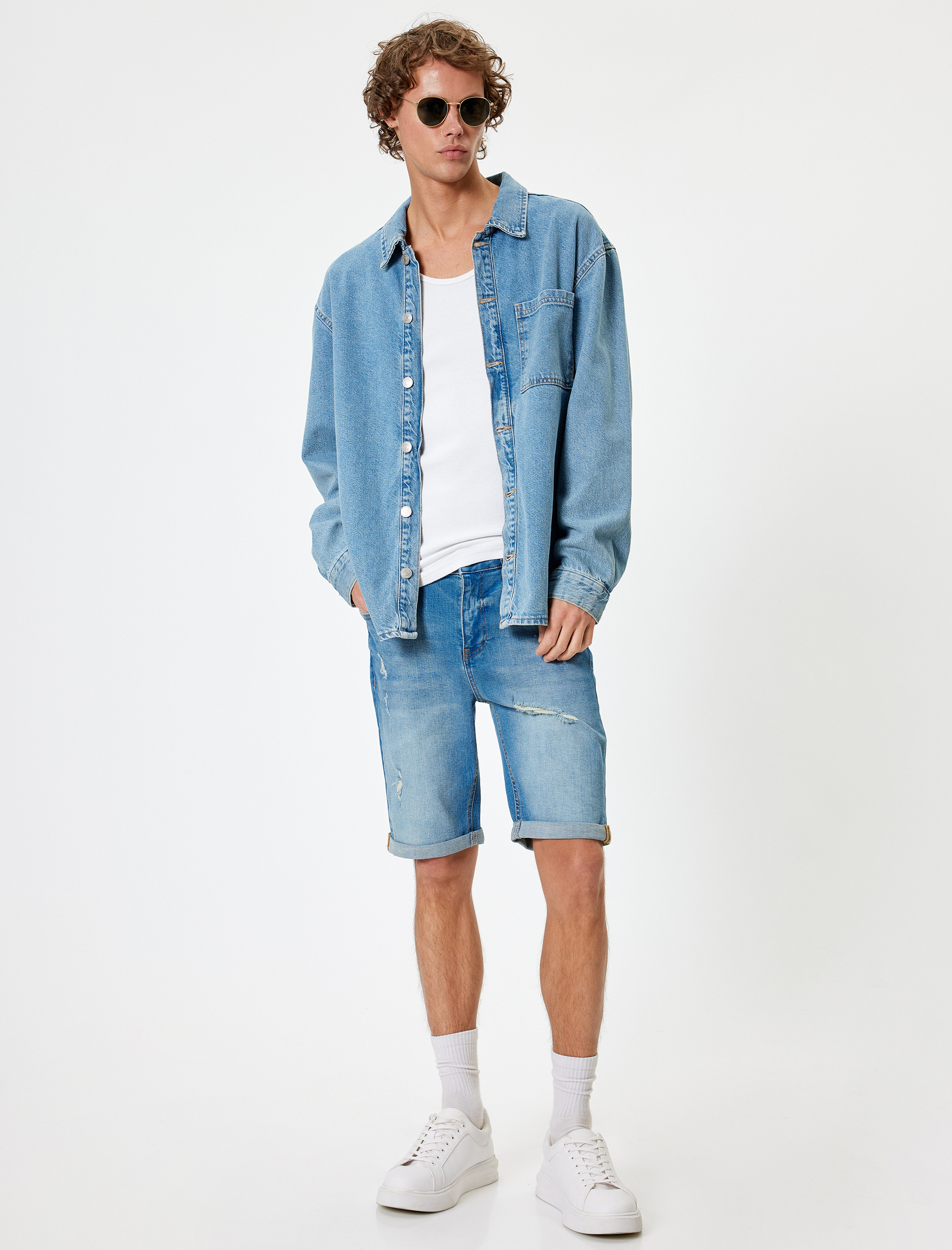   Slim Fit Kot Şort Bermuda Katlama Paçalı Düğme Detaylı